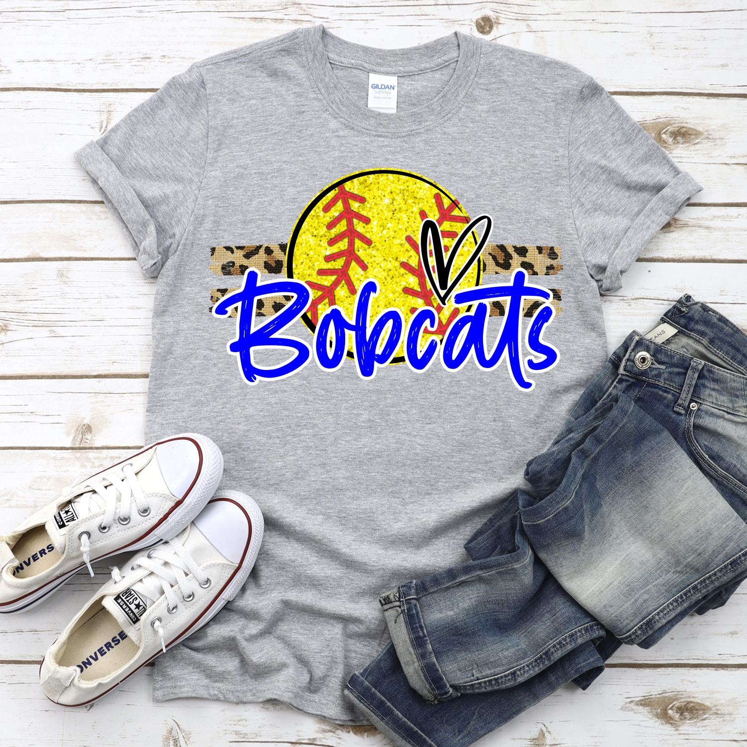 CUSTOM BOBCATS (faux) glitter Softball on leopard stripes *DTF* Transfer - Image 2