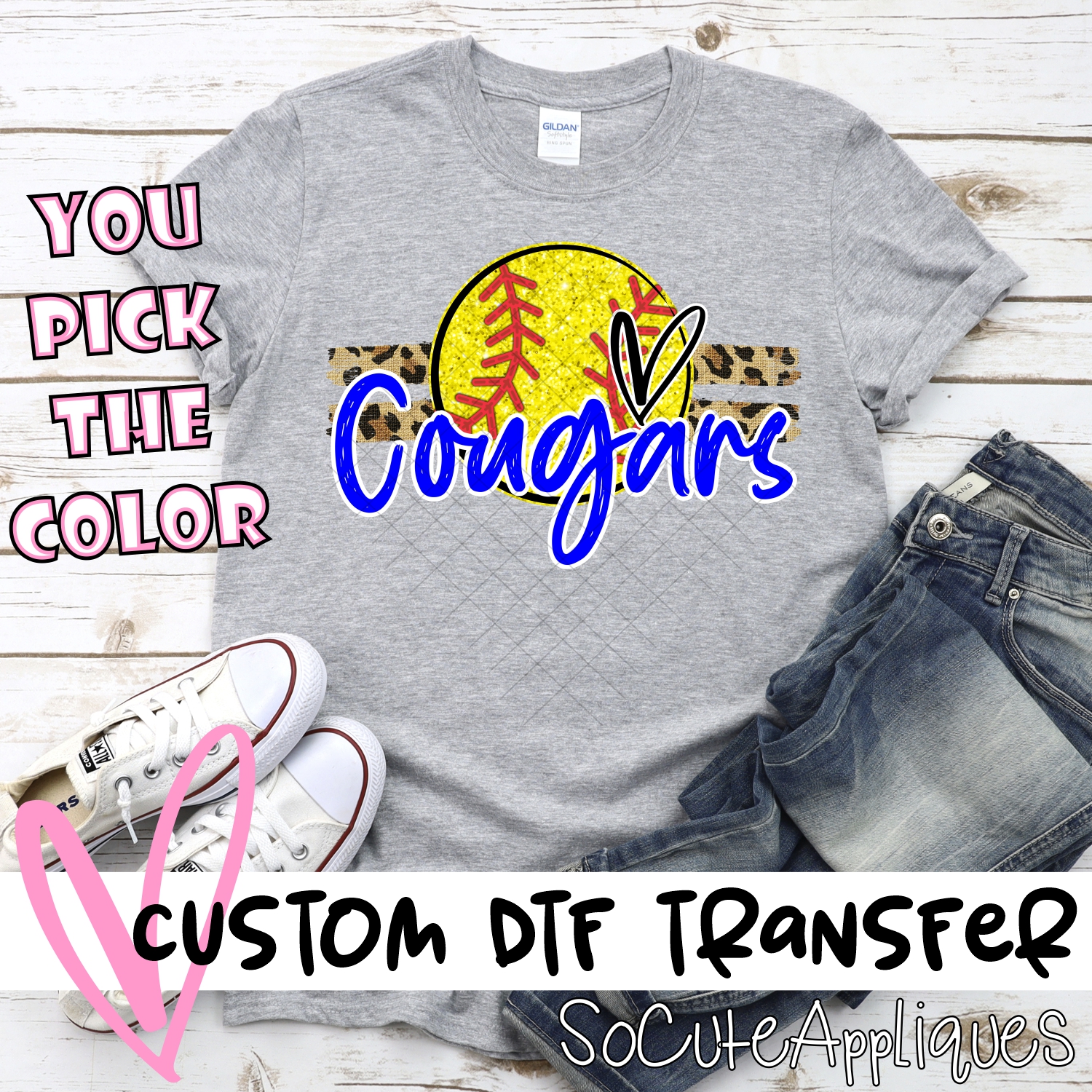CUSTOM COUGARS (faux) glitter Softball on leopard stripes *DTF* Transfer