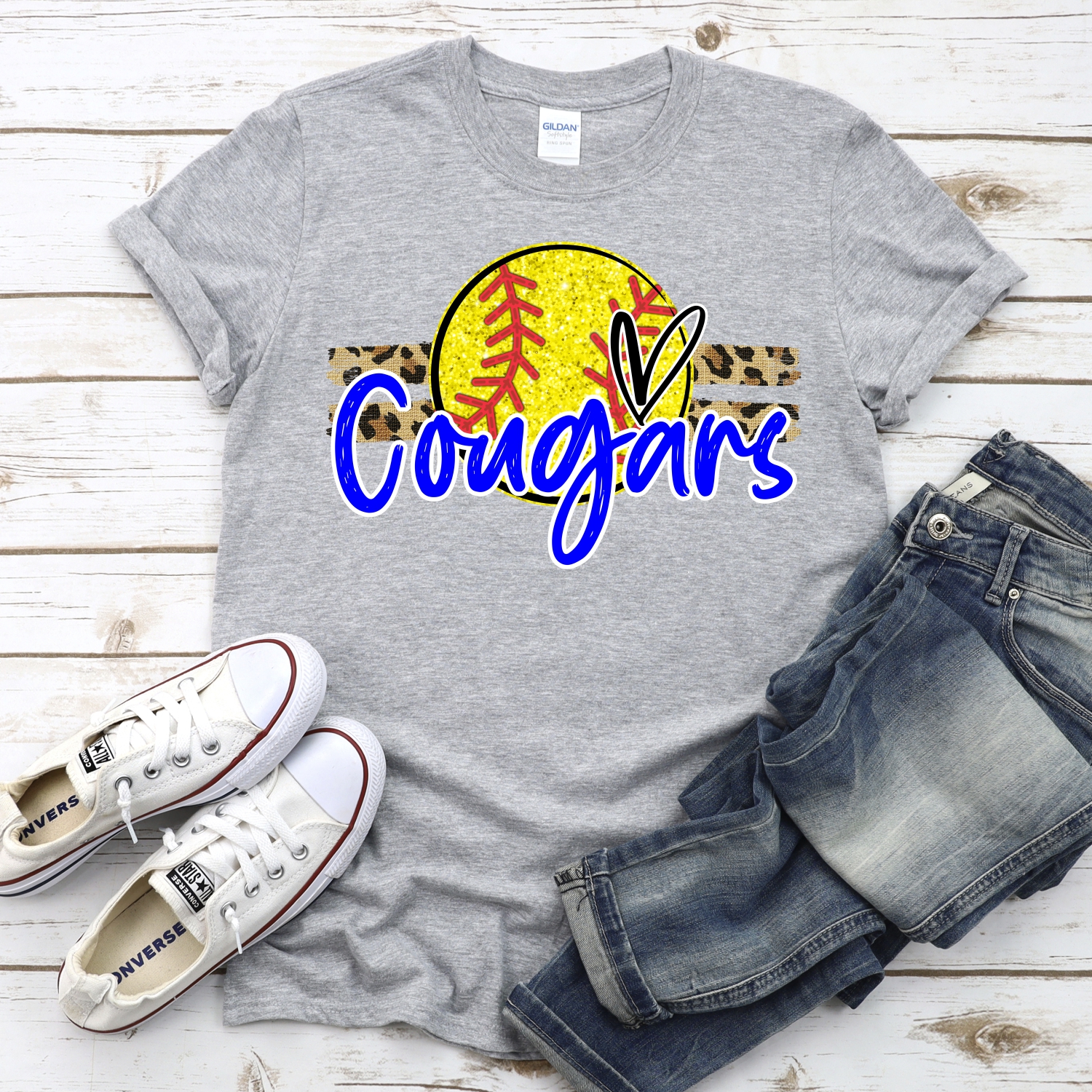 CUSTOM COUGARS (faux) glitter Softball on leopard stripes *DTF* Transfer - Image 2