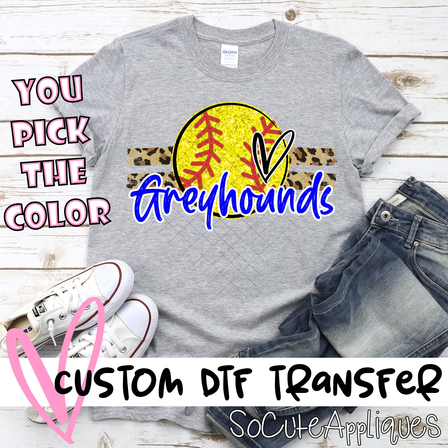 CUSTOM GREYHOUNDS (faux) glitter Softball on leopard stripes *DTF* Transfer