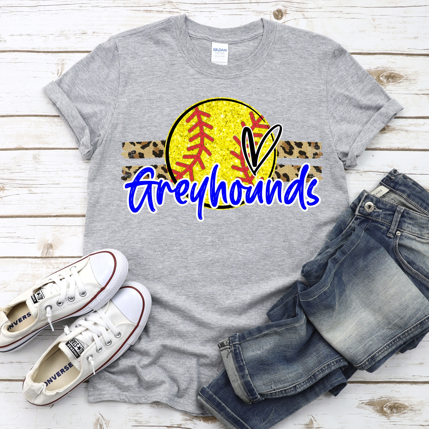 CUSTOM GREYHOUNDS (faux) glitter Softball on leopard stripes *DTF* Transfer - Image 2