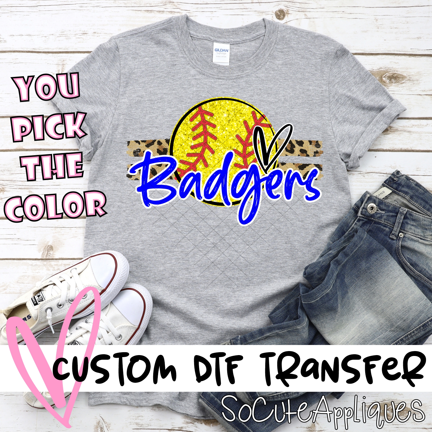 CUSTOM BADGERS (faux) glitter Softball on leopard stripes *DTF* Transfer