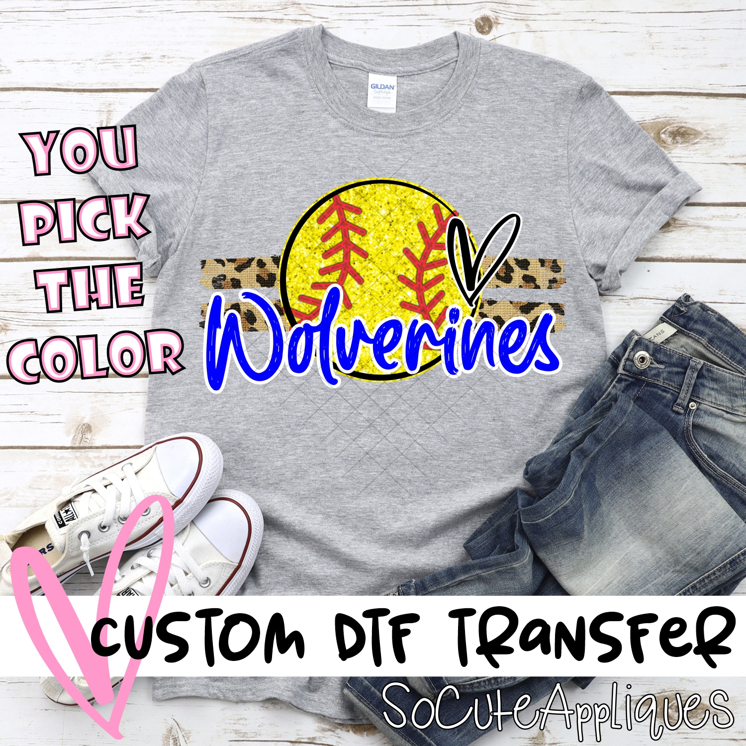 CUSTOM WOLVERINES (faux) glitter Softball on leopard stripes *DTF* Transfer