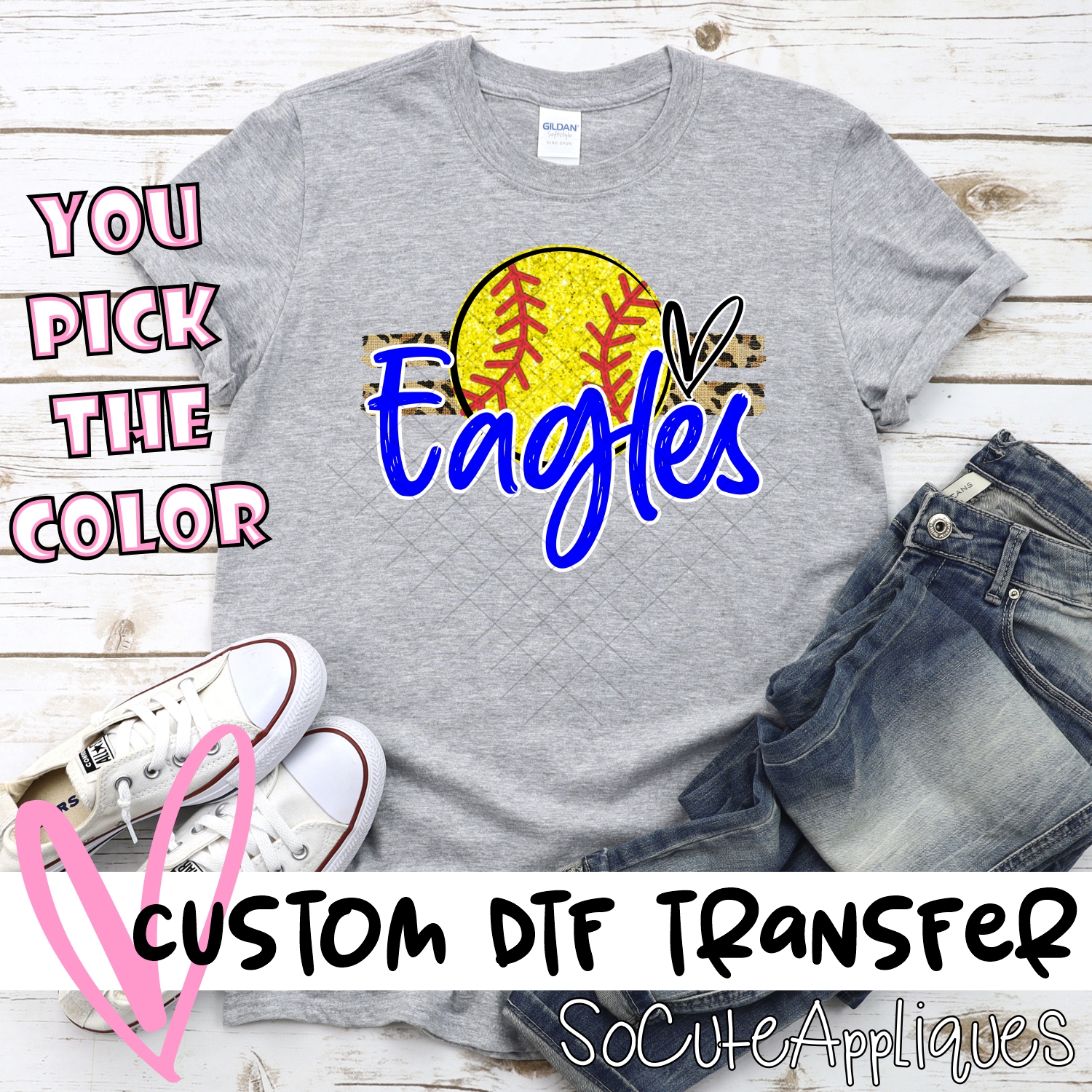 CUSTOM EAGLES (faux) glitter Softball on leopard stripes *DTF* Transfer
