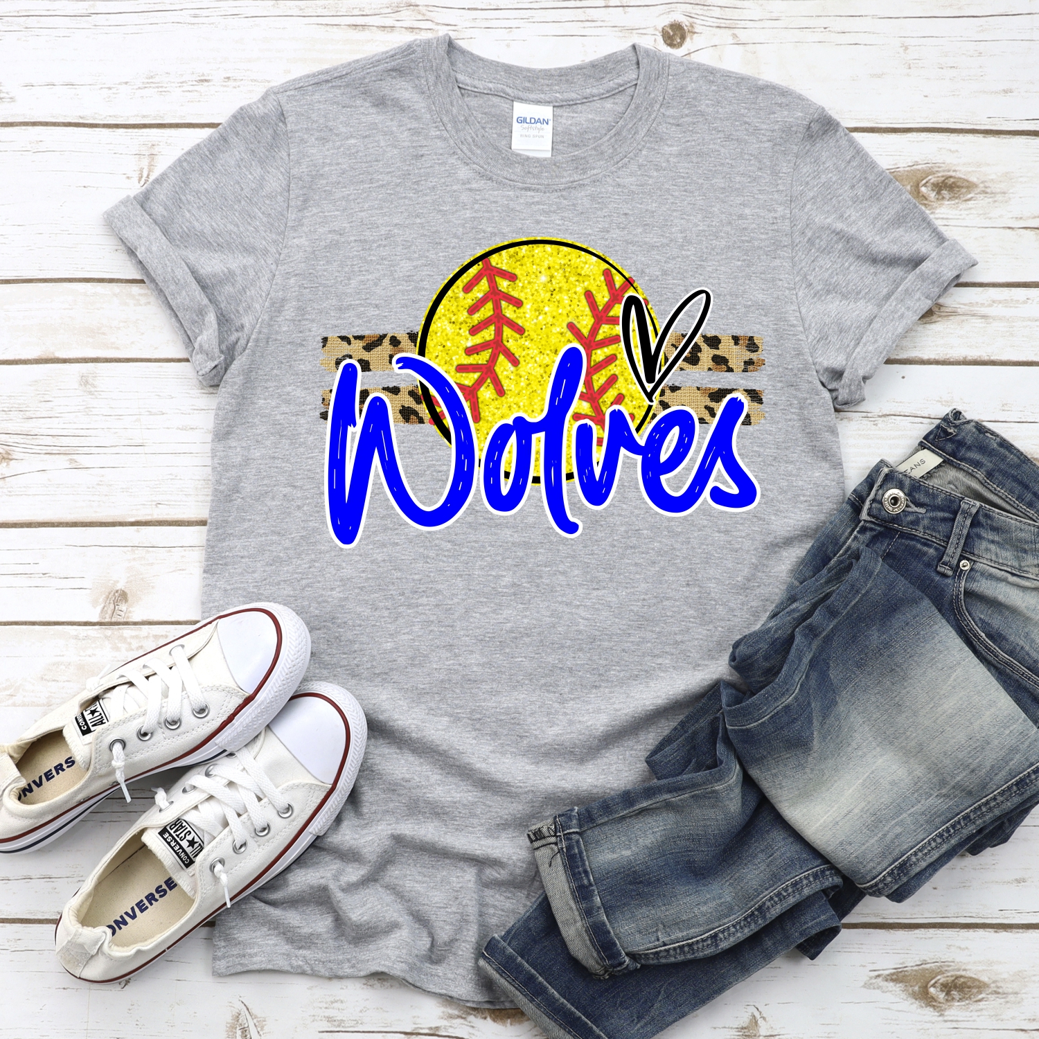 CUSTOM WOLVES (faux) glitter Softball on leopard stripes *DTF* Transfer - Image 2
