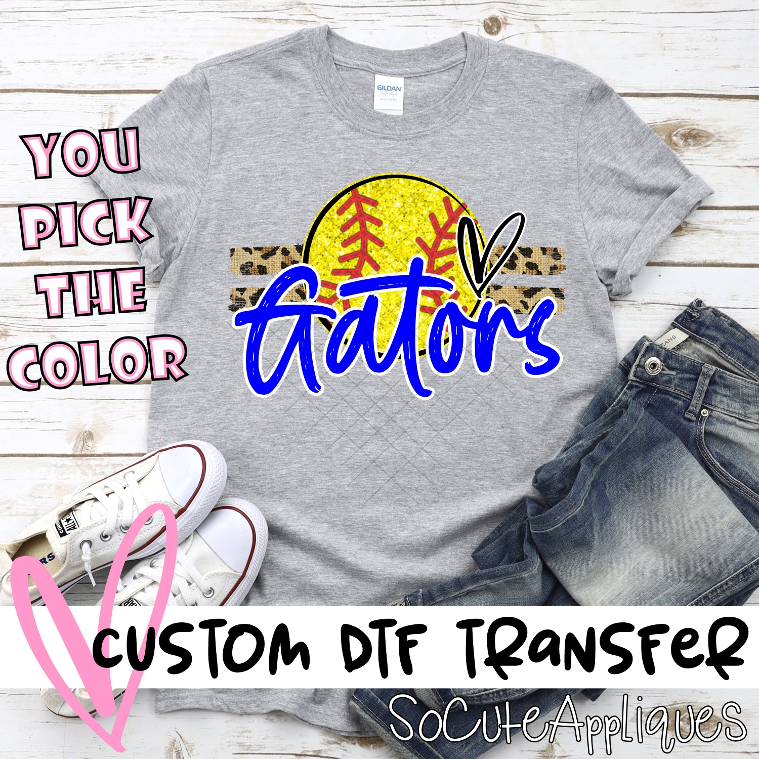CUSTOM GATORS (faux) glitter Softball on leopard stripes *DTF* Transfer