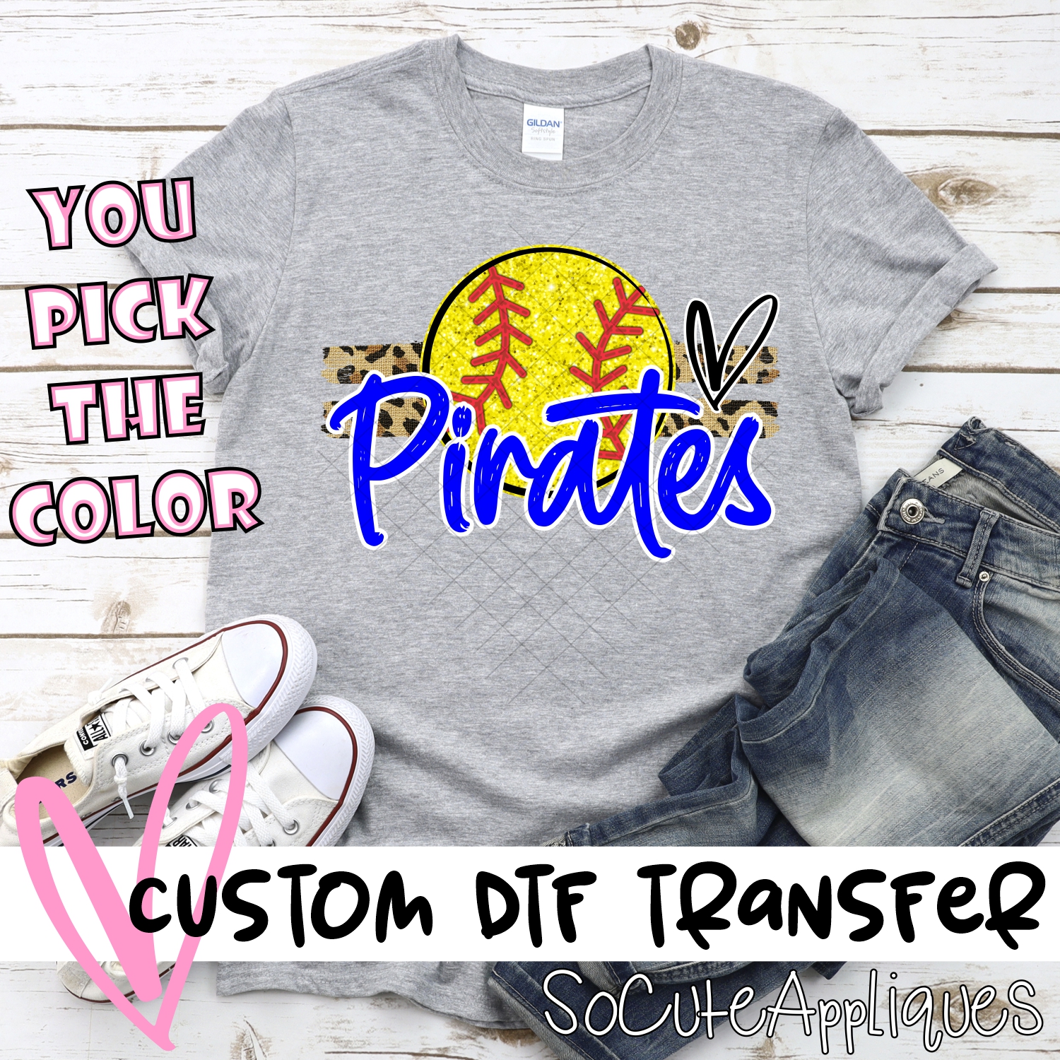 CUSTOM PIRATES (faux) glitter Softball on leopard stripes *DTF* Transfer