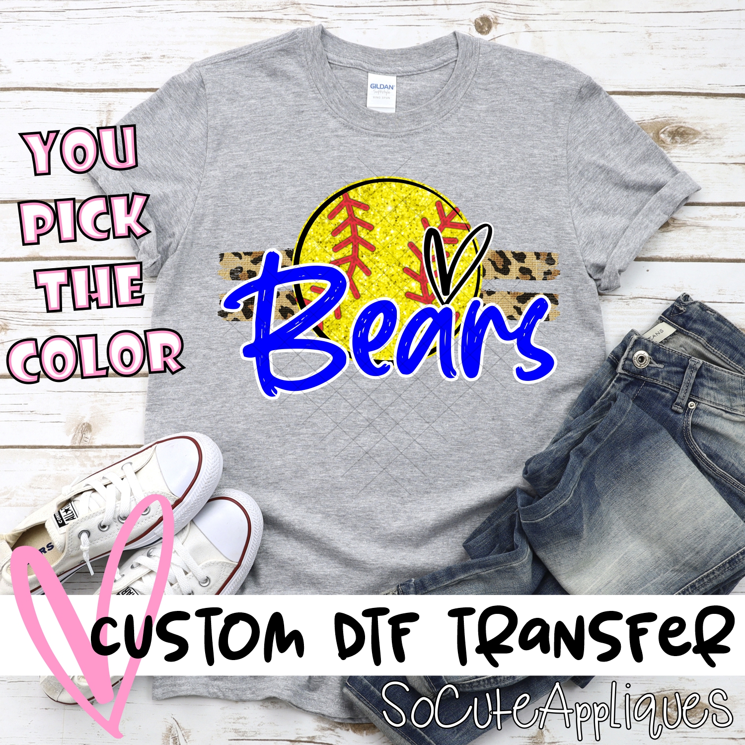 CUSTOM BEARS (faux) glitter Softball on leopard stripes *DTF* Transfer
