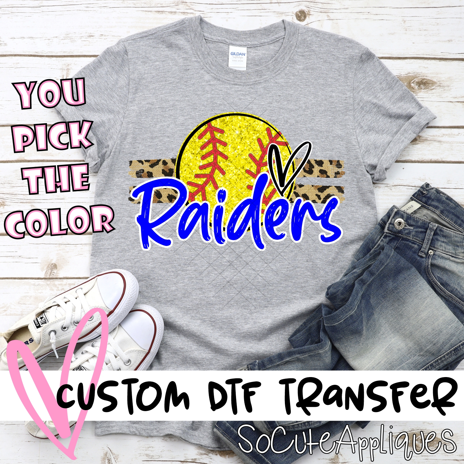 CUSTOM RAIDERS (faux) glitter Softball on leopard stripes *DTF* Transfer