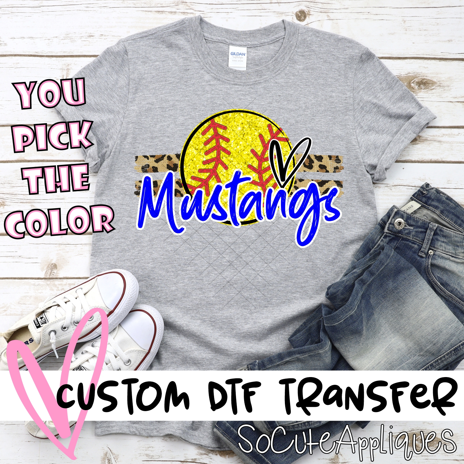 CUSTOM MUSTANGS (faux) glitter Softball on leopard stripes *DTF* Transfer