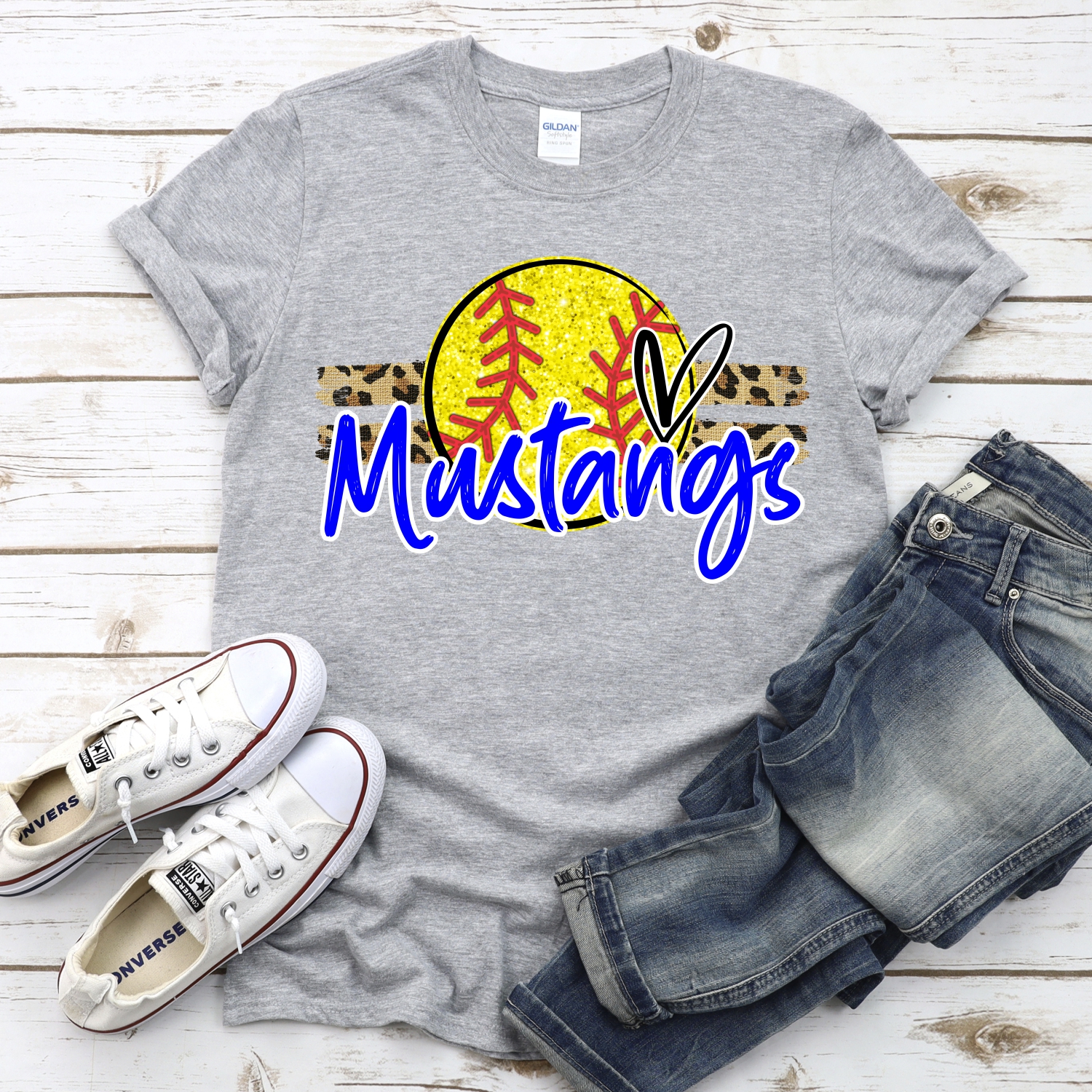 CUSTOM MUSTANGS (faux) glitter Softball on leopard stripes *DTF* Transfer - Image 2