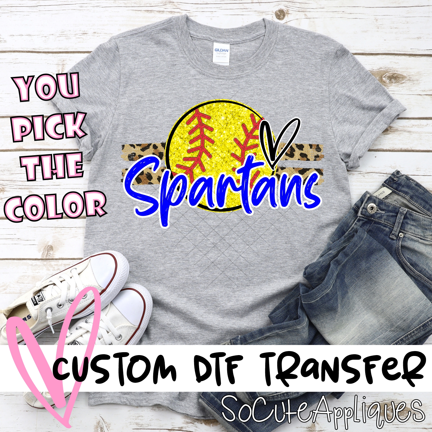 CUSTOM SPARTANS (faux) glitter Softball on leopard stripes *DTF* Transfer