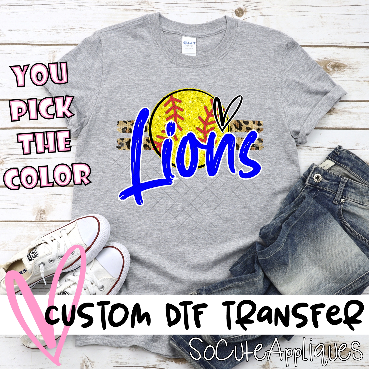 CUSTOM LIONS (faux) glitter Softball on leopard stripes *DTF* Transfer