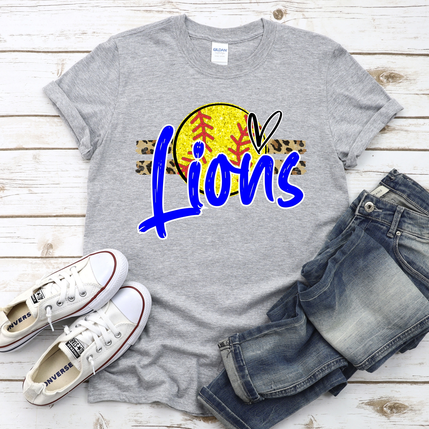 CUSTOM LIONS (faux) glitter Softball on leopard stripes *DTF* Transfer - Image 2