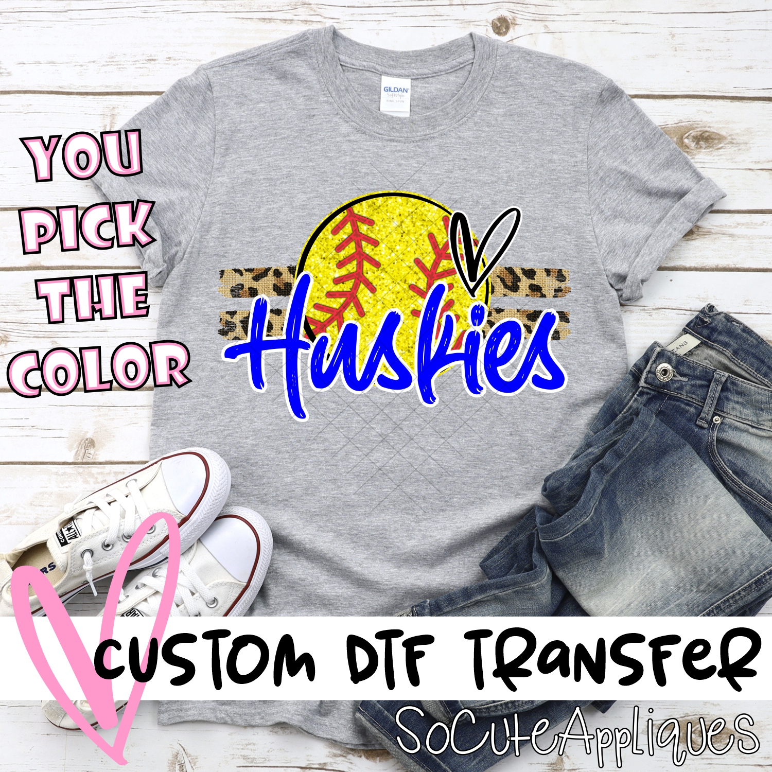 CUSTOM HUSKIES (faux) glitter Softball on leopard stripes *DTF* Transfer