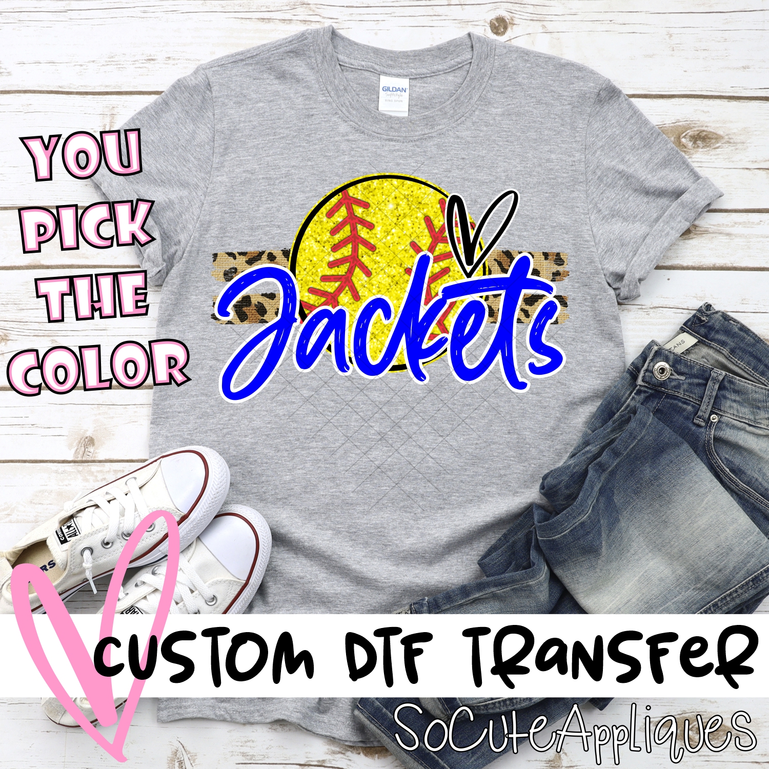 CUSTOM JACKETS (faux) glitter Softball on leopard stripes *DTF* Transfer