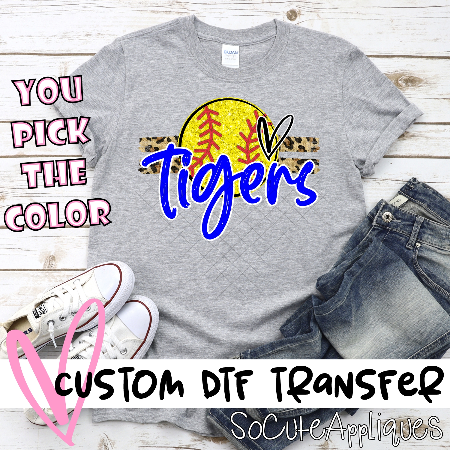 CUSTOM TIGERS (faux) glitter Softball on leopard stripes *DTF* Transfer