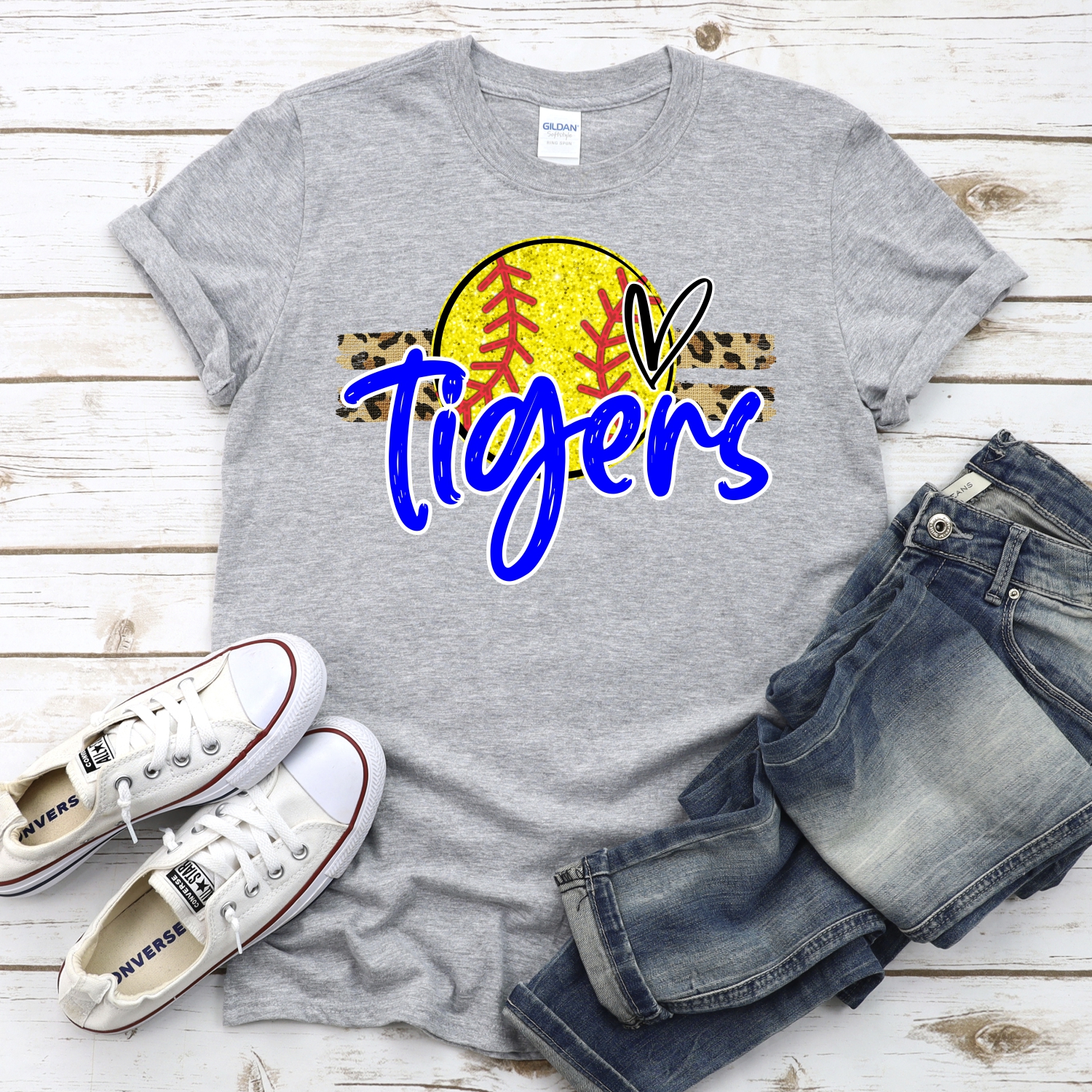 CUSTOM TIGERS (faux) glitter Softball on leopard stripes *DTF* Transfer - Image 2