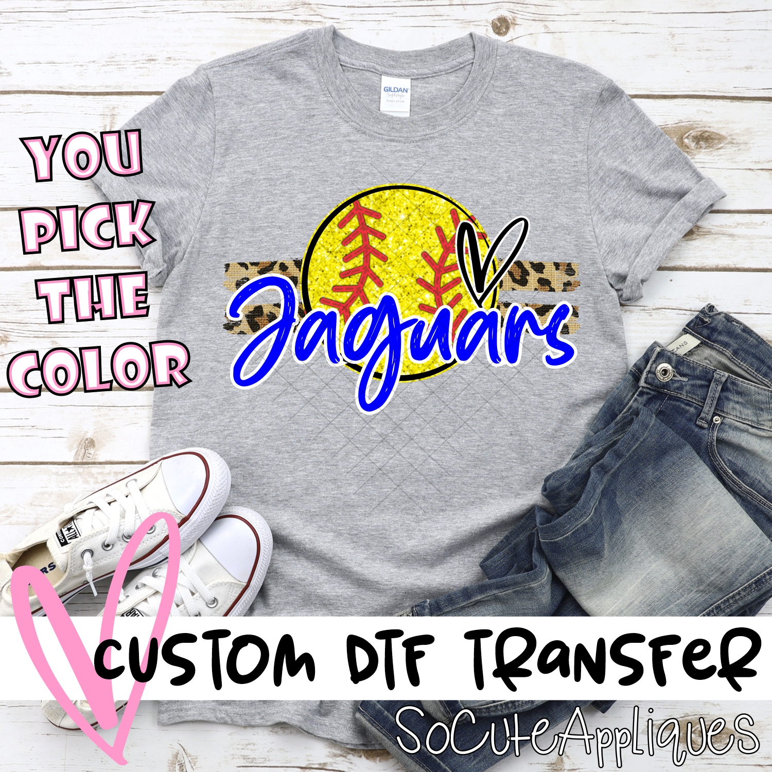 CUSTOM JAGUARS (faux) glitter Softball on leopard stripes *DTF* Transfer