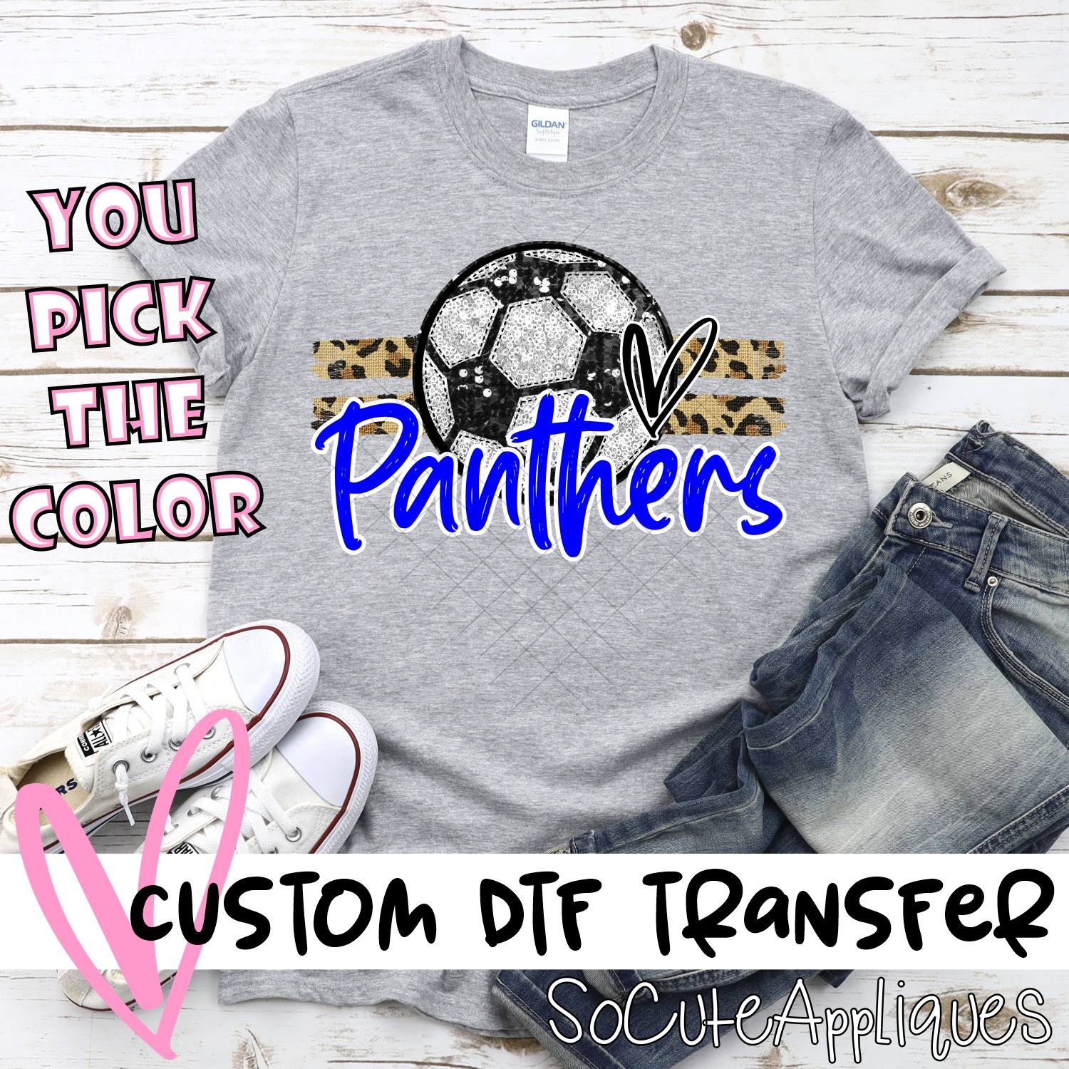 CUSTOM PANTHERS (faux) glitter Soccer on leopard stripes *DTF* Transfer