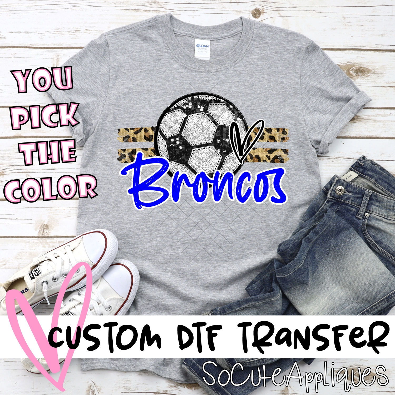 CUSTOM BRONCOS (faux) glitter Soccer on leopard stripes *DTF* Transfer