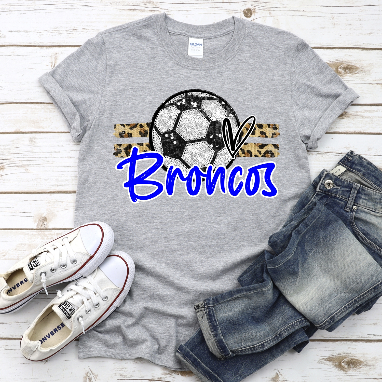 CUSTOM BRONCOS (faux) glitter Soccer on leopard stripes *DTF* Transfer - Image 2