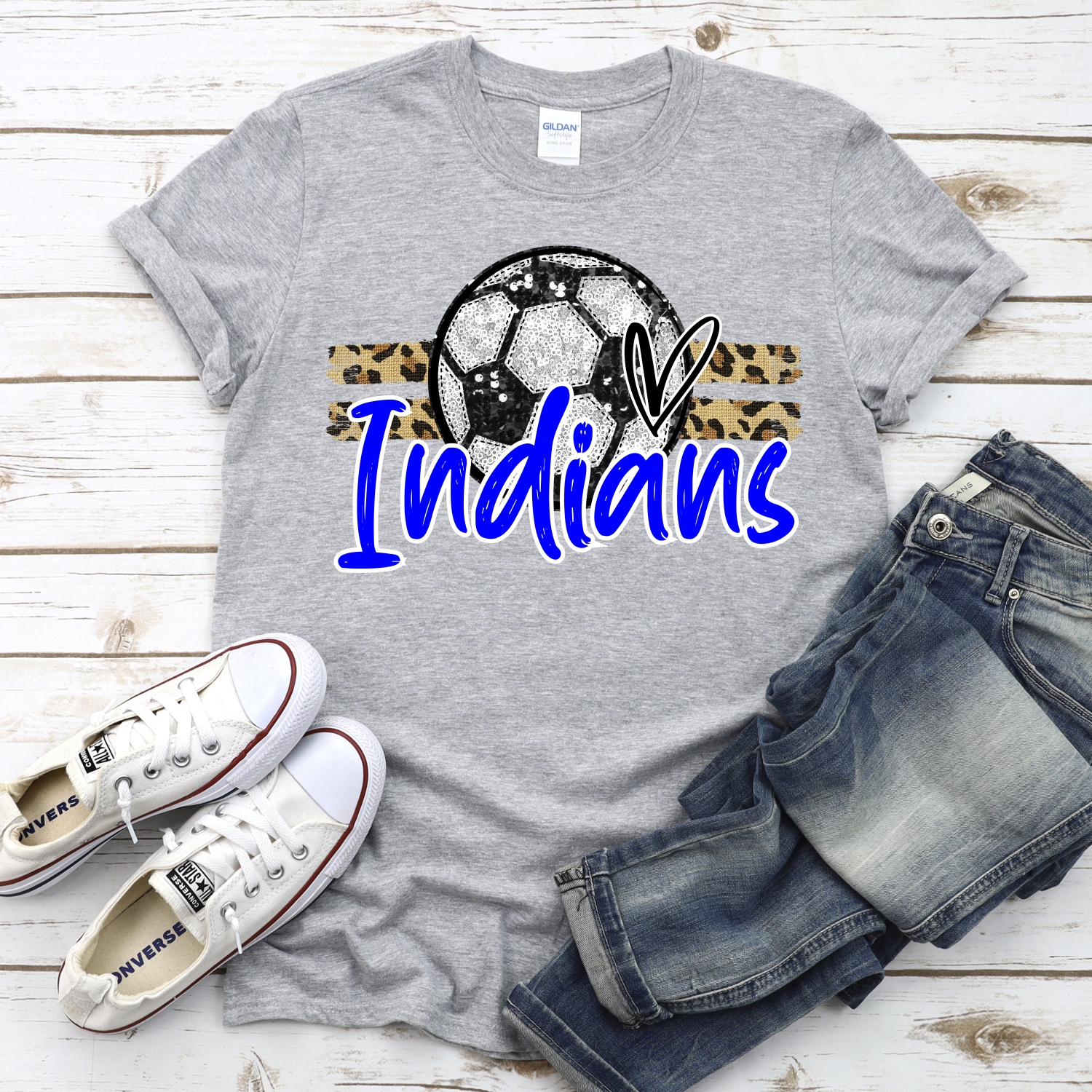 CUSTOM INDIANS (faux) glitter Soccer on leopard stripes *DTF* Transfer - Image 2