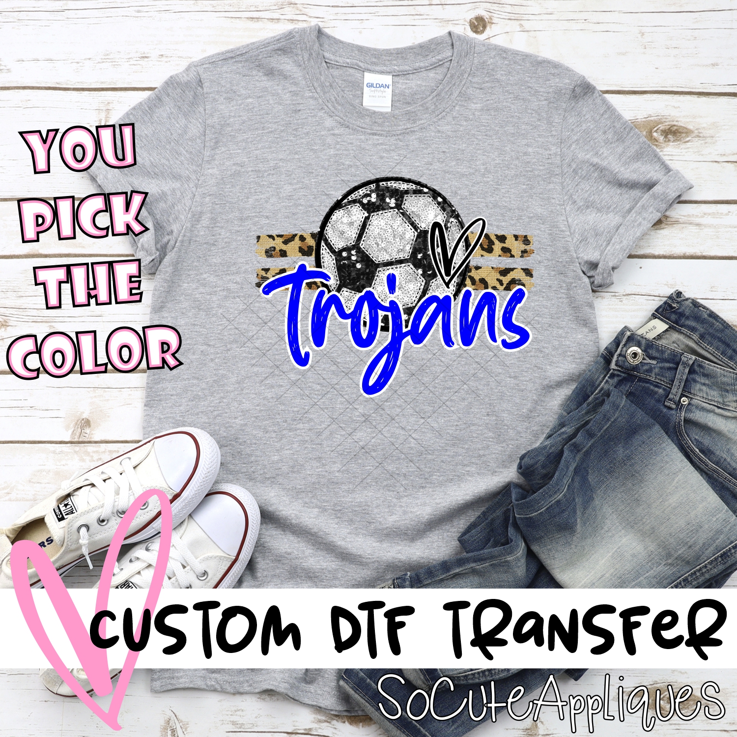 CUSTOM TROJANS (faux) glitter Soccer on leopard stripes *DTF* Transfer