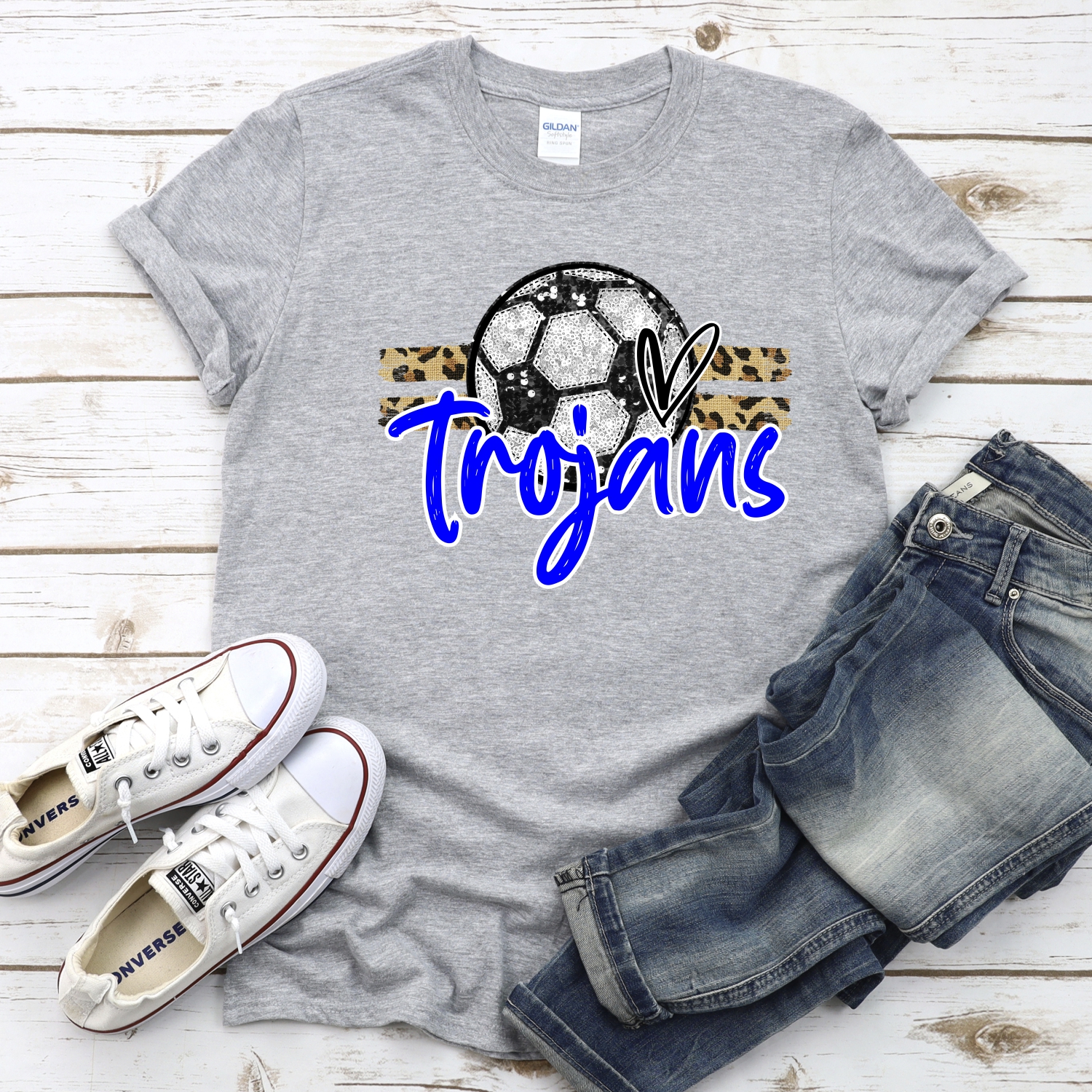 CUSTOM TROJANS (faux) glitter Soccer on leopard stripes *DTF* Transfer - Image 2