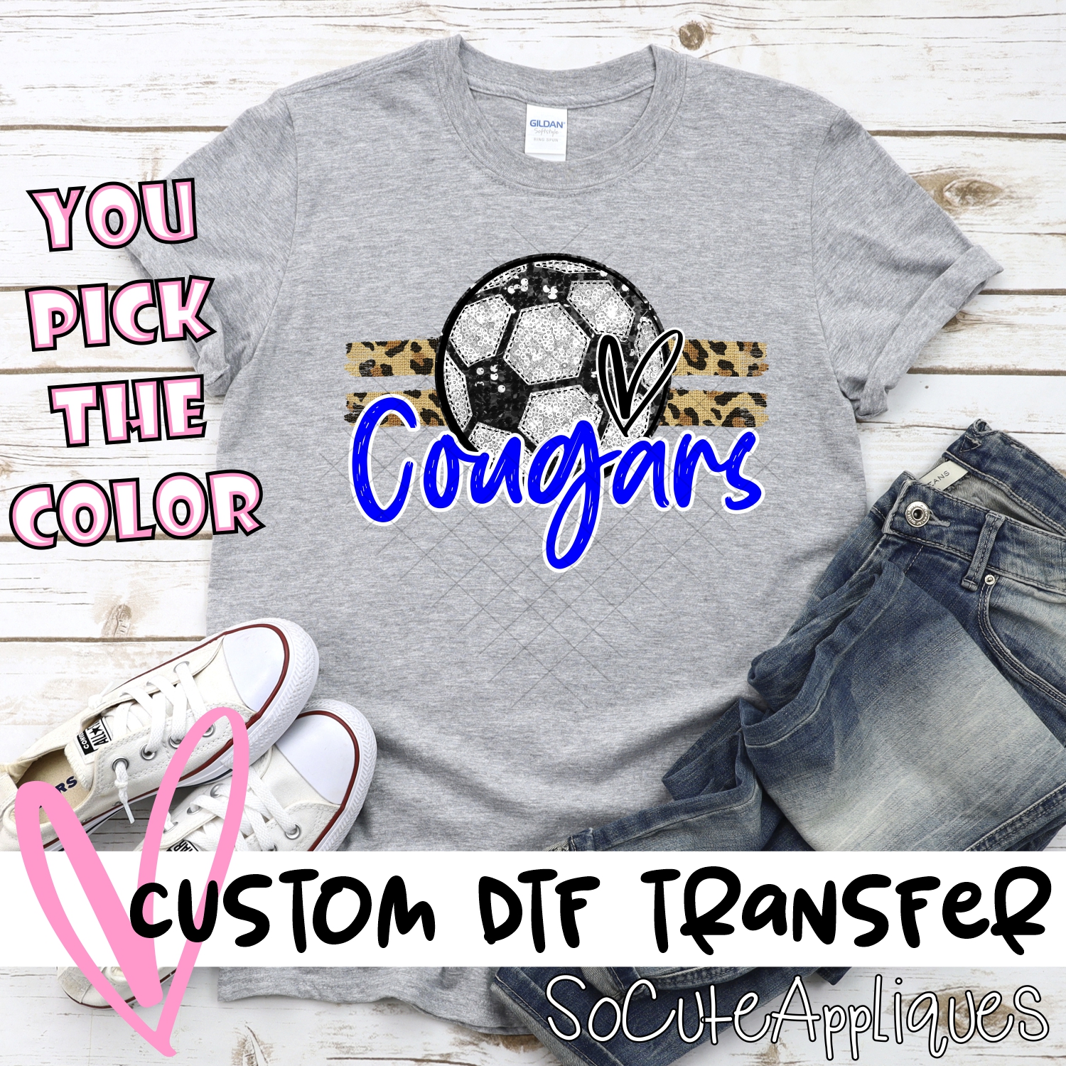 CUSTOM COUGARS (faux) glitter Soccer on leopard stripes *DTF* Transfer