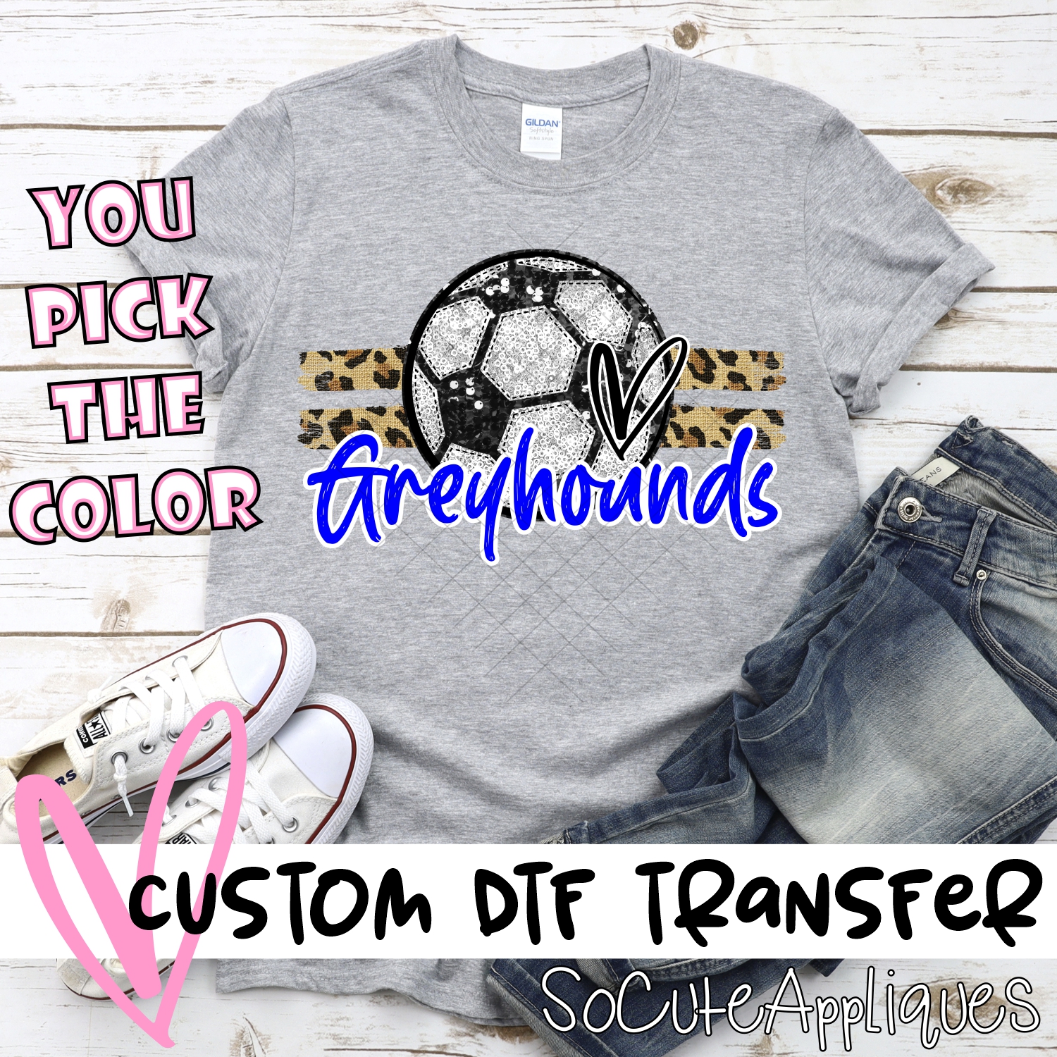 CUSTOM GREYHOUNDS (faux) glitter Soccer on leopard stripes *DTF* Transfer
