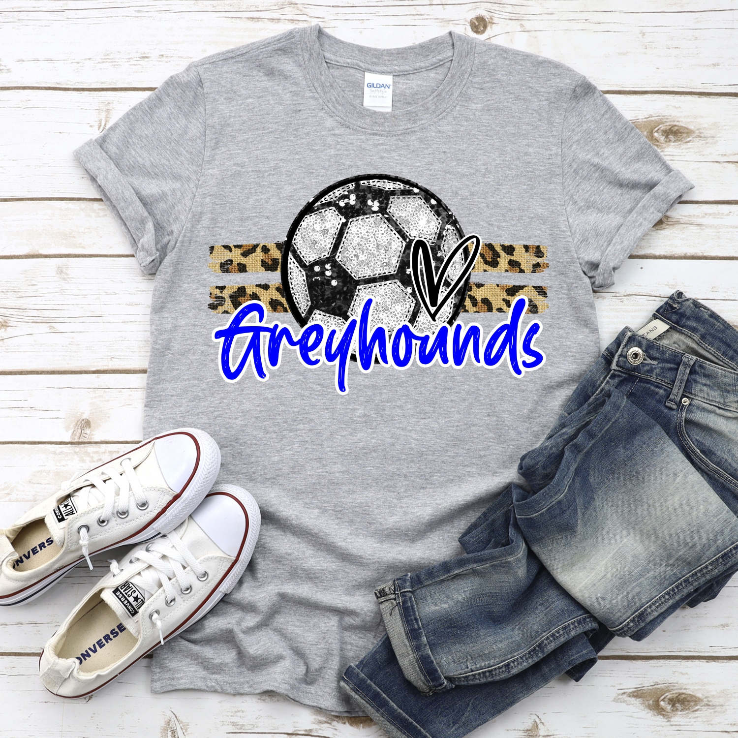 CUSTOM GREYHOUNDS (faux) glitter Soccer on leopard stripes *DTF* Transfer - Image 2