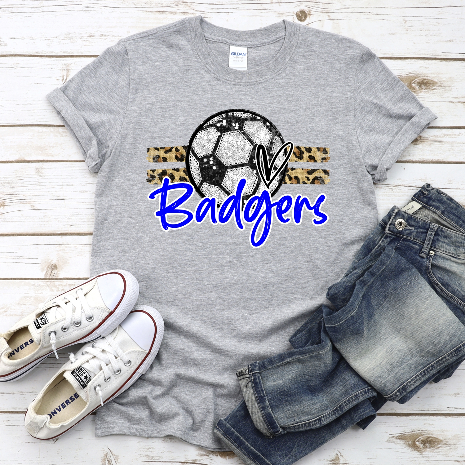 CUSTOM BADGERS (faux) glitter Soccer on leopard stripes *DTF* Transfer - Image 2