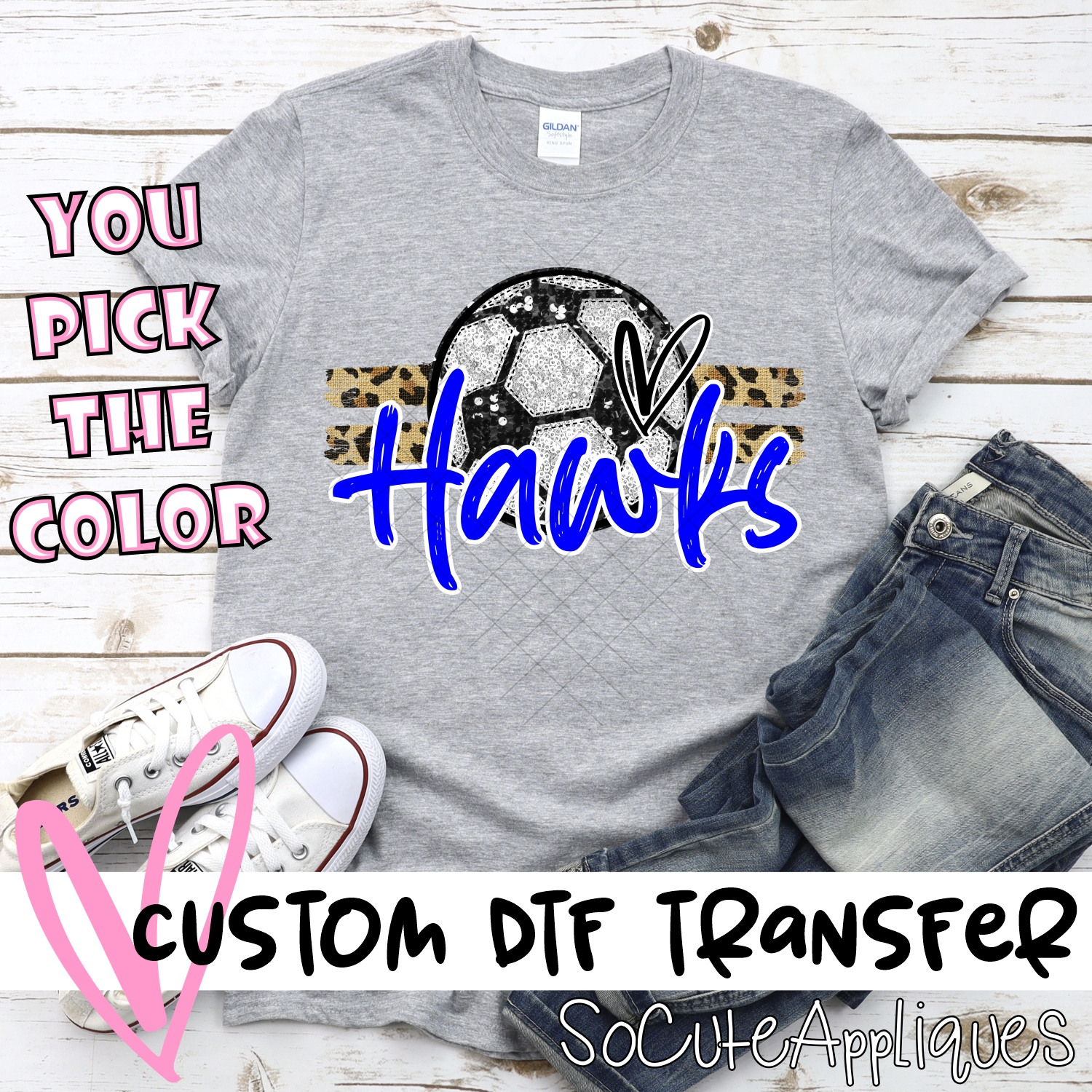CUSTOM HAWKS (faux) glitter Soccer on leopard stripes *DTF* Transfer