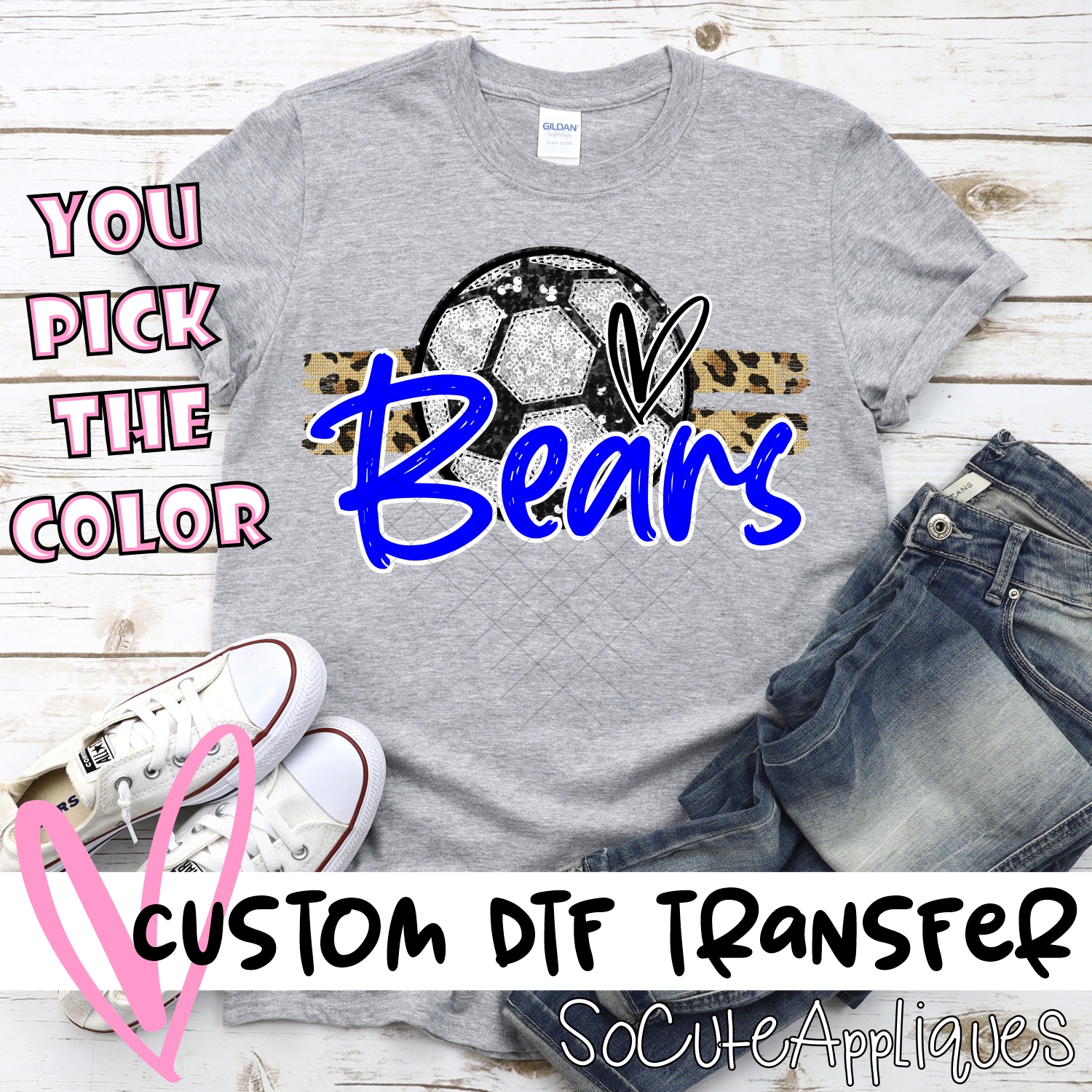 CUSTOM BEARS (faux) glitter Soccer on leopard stripes *DTF* Transfer