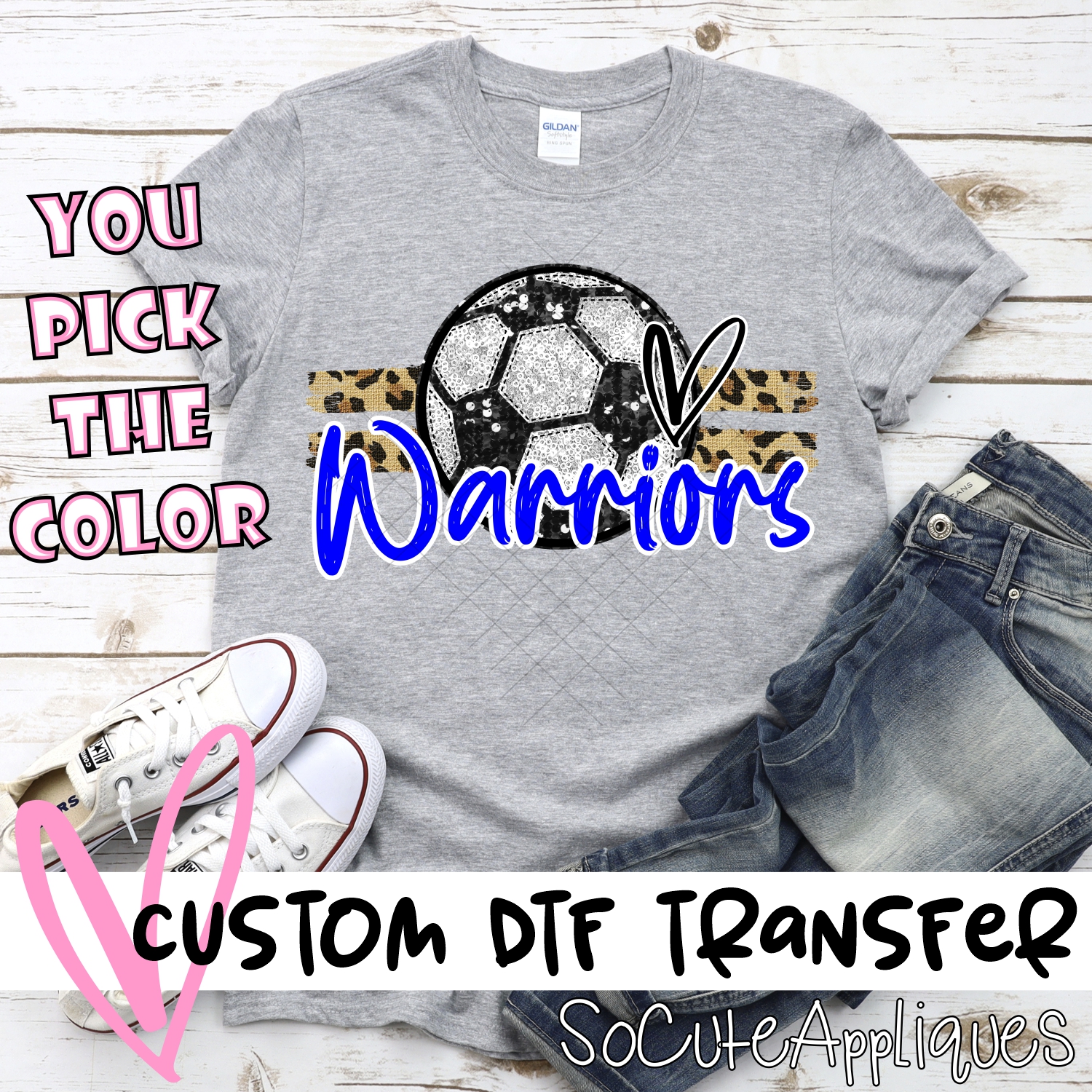 CUSTOM WARRIORS (faux) glitter Soccer on leopard stripes *DTF* Transfer
