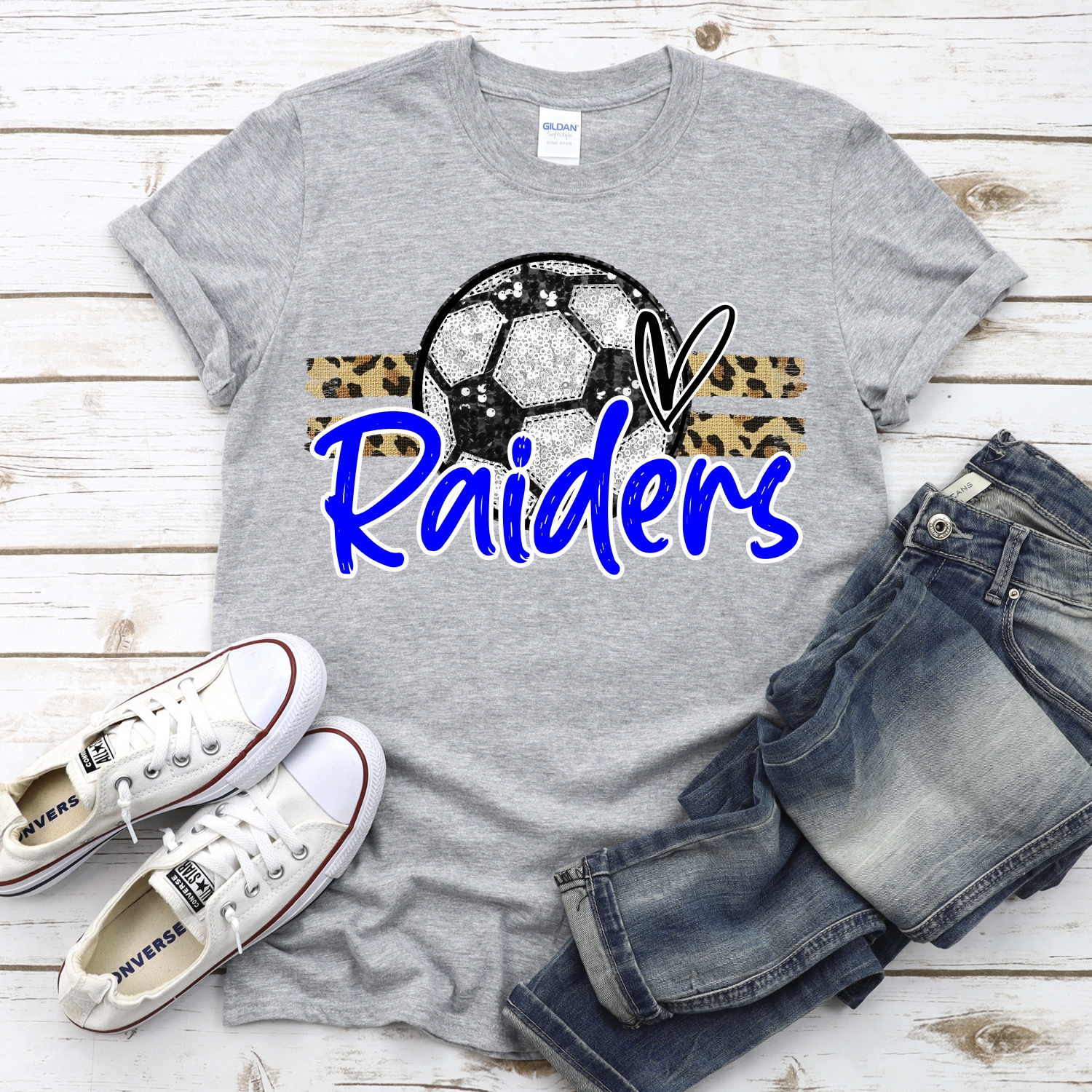 CUSTOM RAIDERS (faux) glitter Soccer on leopard stripes *DTF* Transfer - Image 2