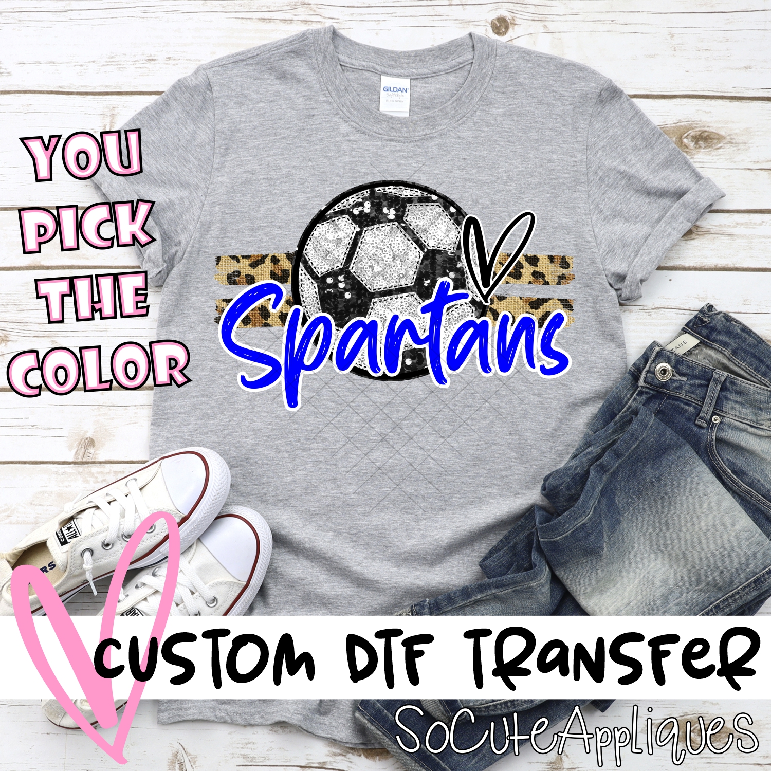 CUSTOM SPARTANS (faux) glitter Soccer on leopard stripes *DTF* Transfer