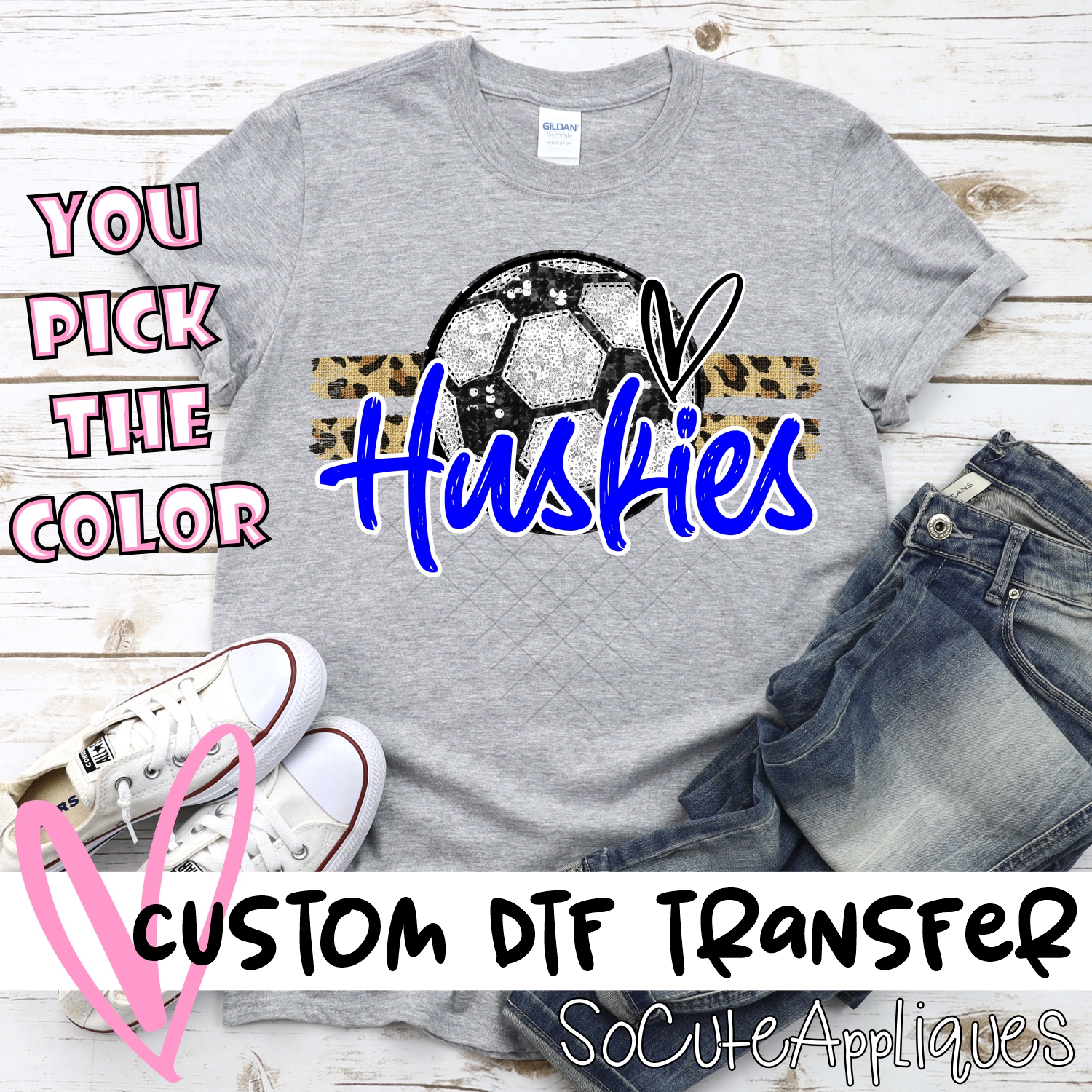 CUSTOM HUSKIES (faux) glitter Soccer on leopard stripes *DTF* Transfer