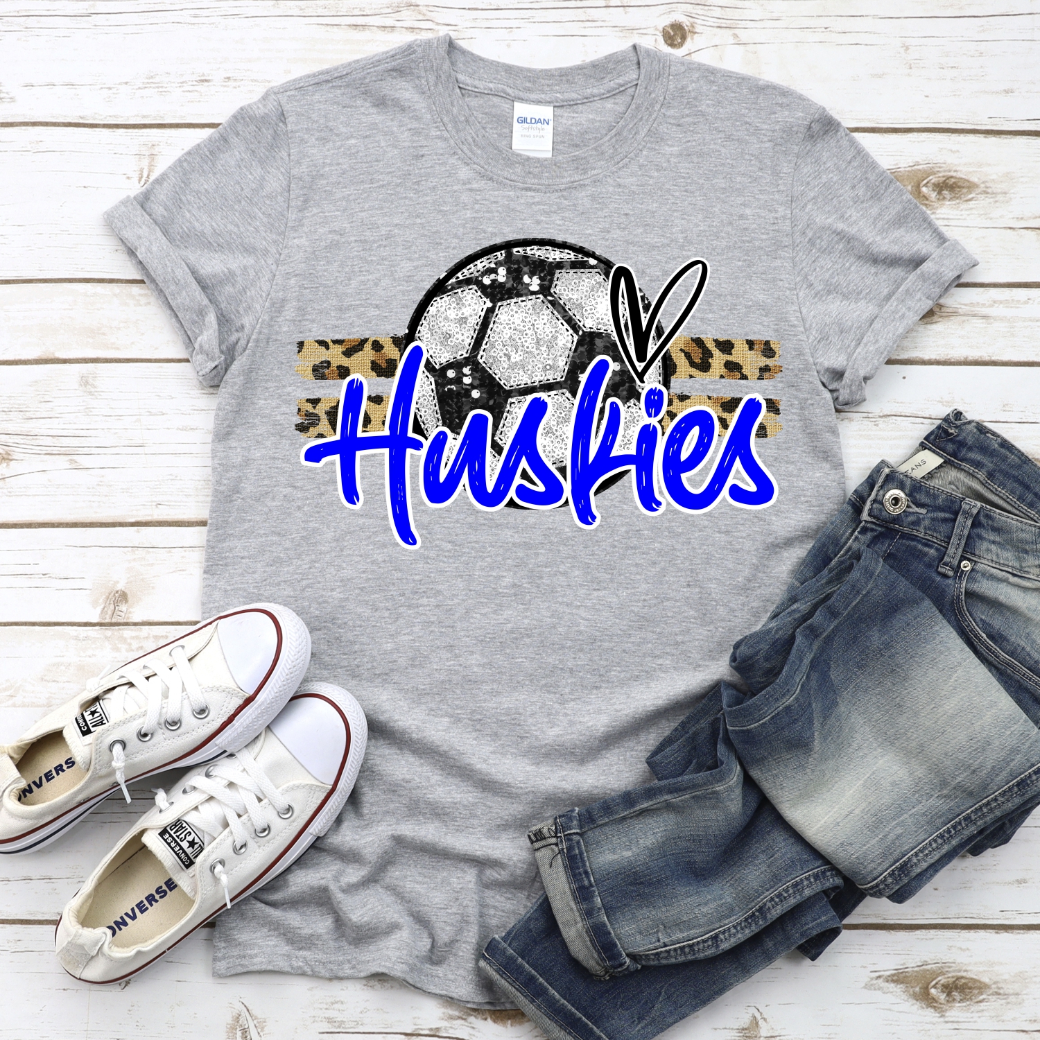 CUSTOM HUSKIES (faux) glitter Soccer on leopard stripes *DTF* Transfer - Image 2
