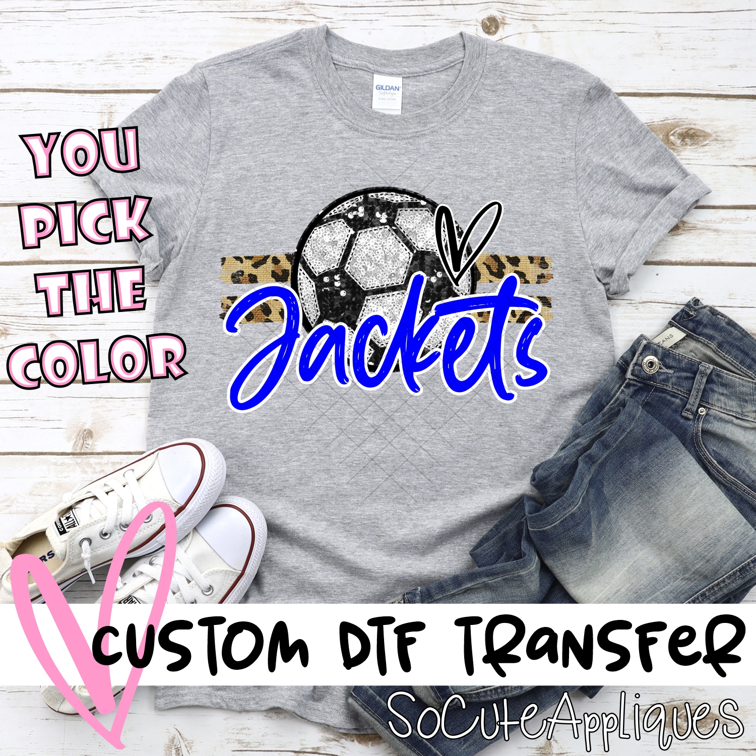 CUSTOM JACKETS (faux) glitter Soccer on leopard stripes *DTF* Transfer