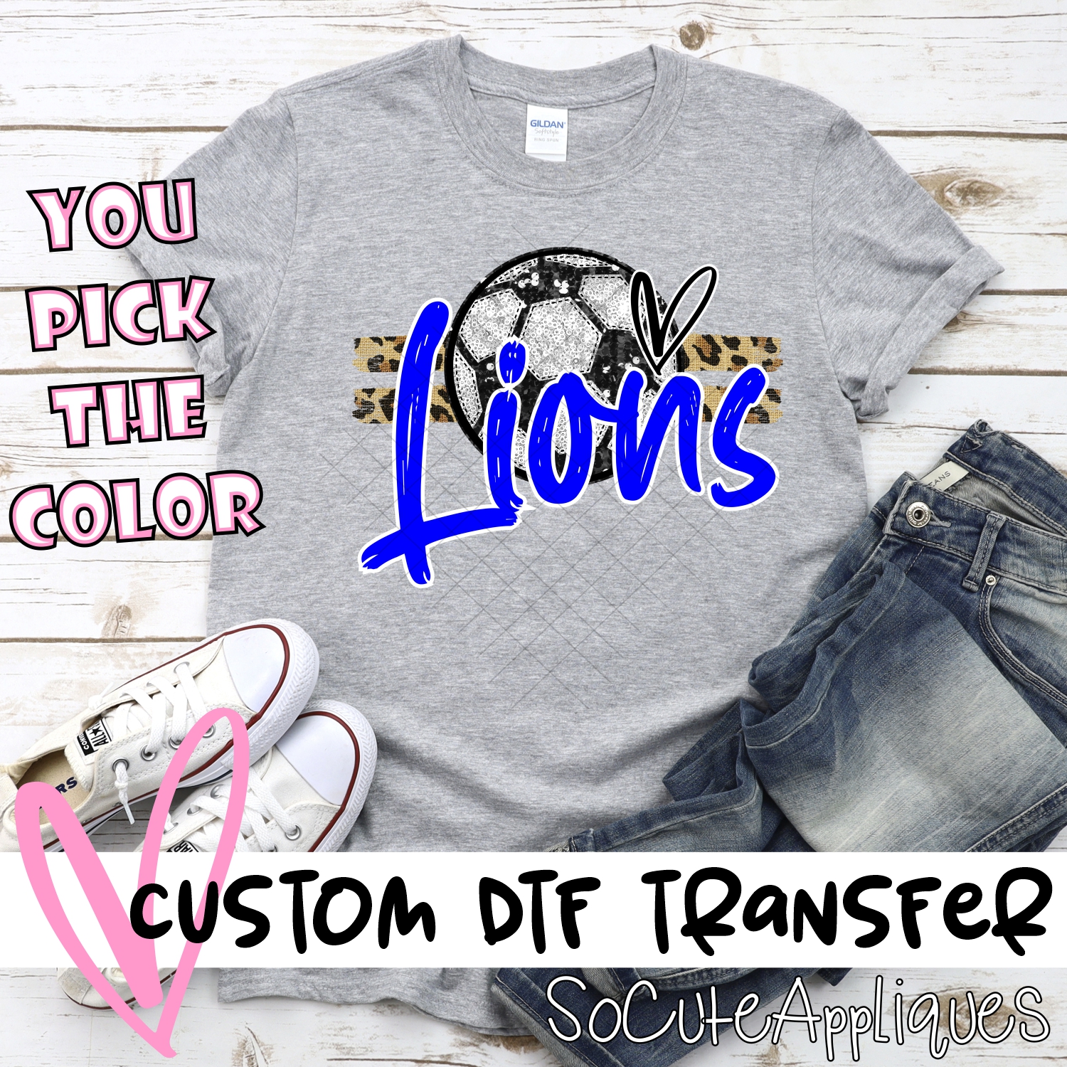 CUSTOM LIONS (faux) glitter Soccer on leopard stripes *DTF* Transfer