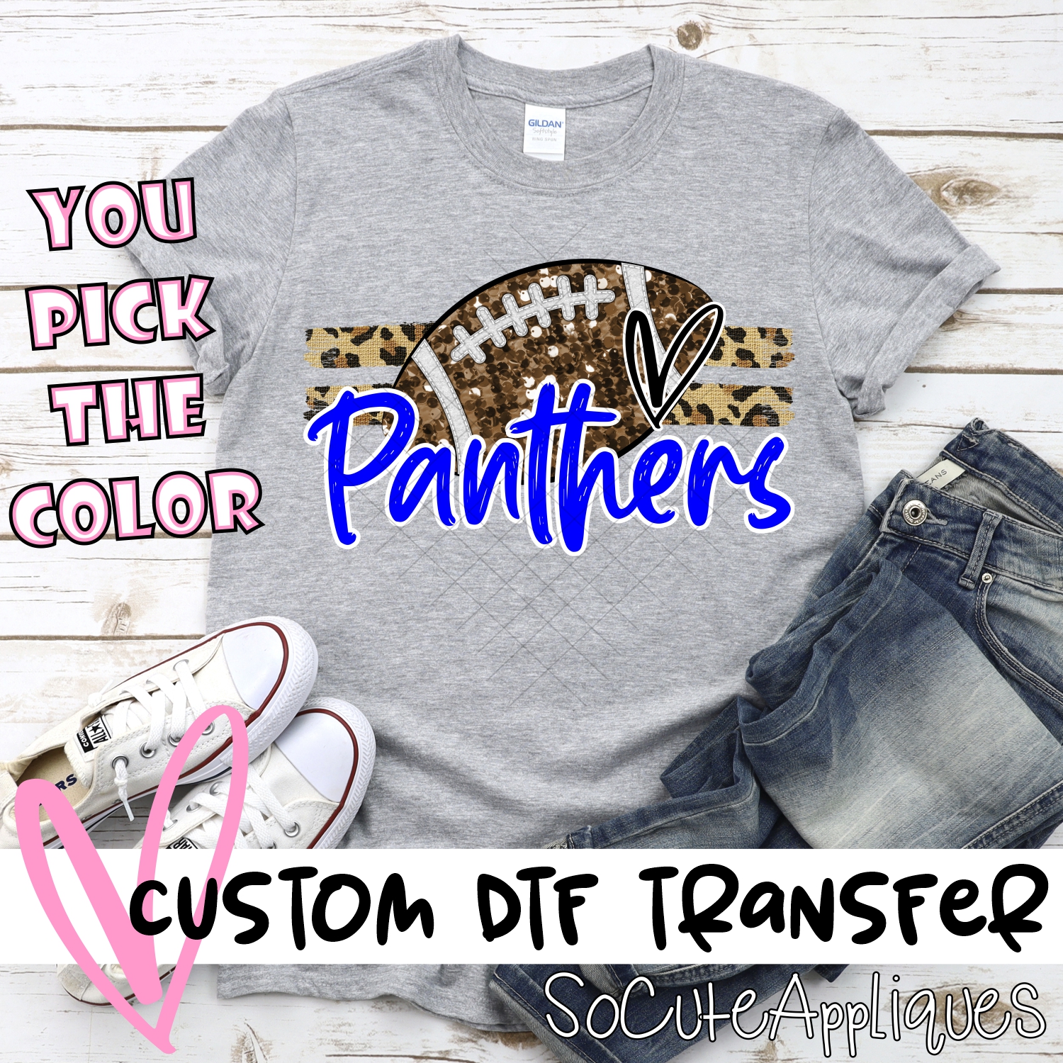 CUSTOM PANTHERS (faux) glitter Football on leopard stripes *DTF* Transfer