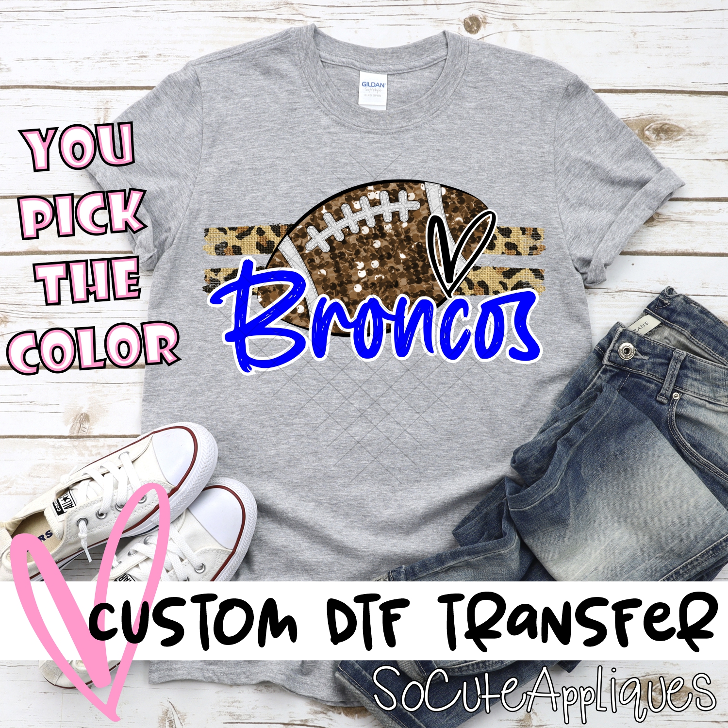 CUSTOM BRONCOS (faux) glitter Football on leopard stripes *DTF* Transfer