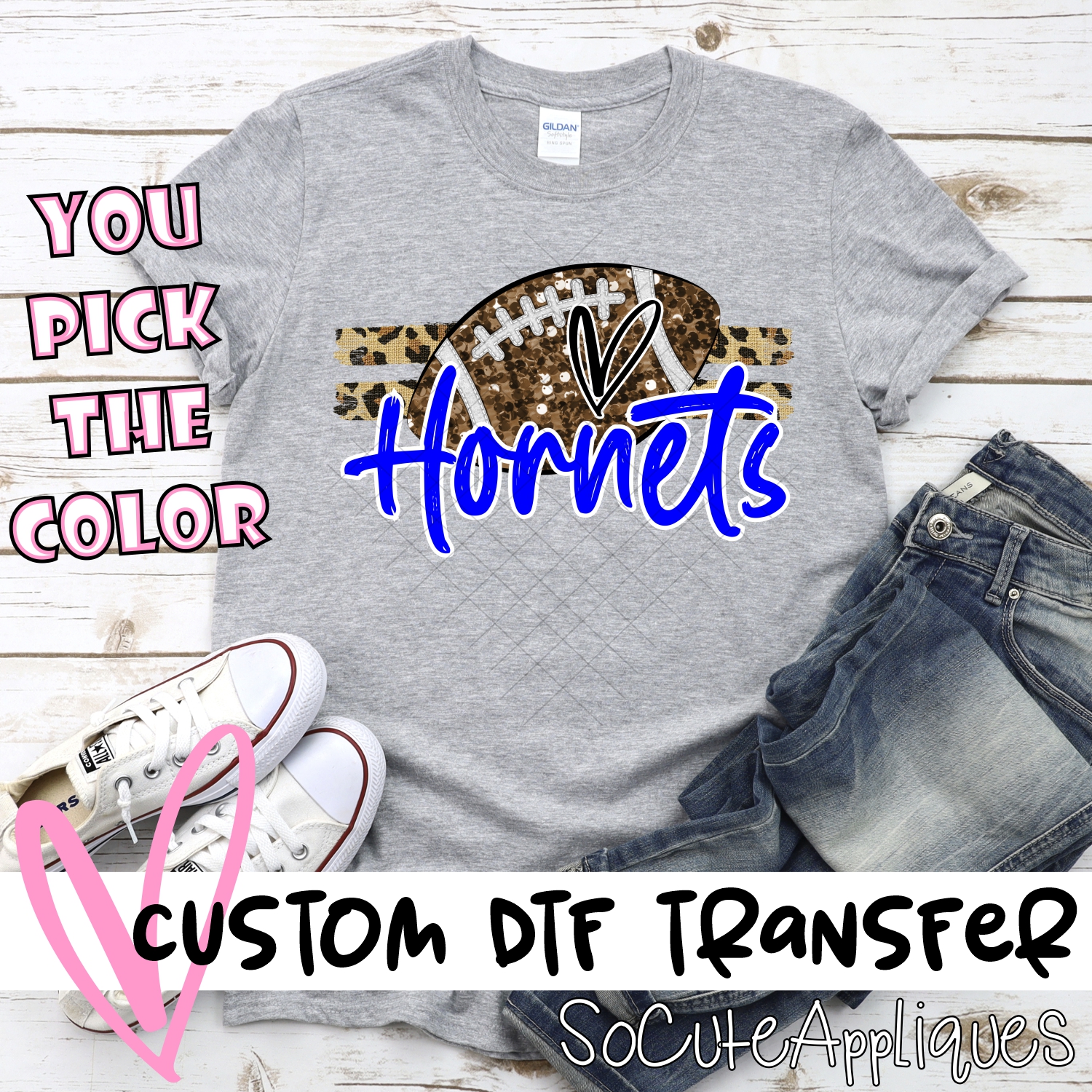 CUSTOM HORNETS (faux) glitter Football on leopard stripes *DTF* Transfer
