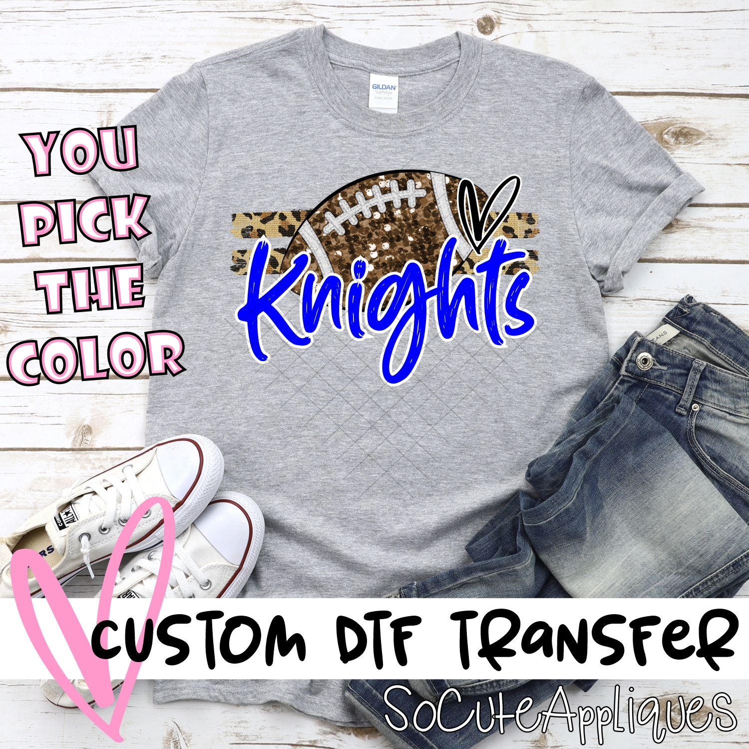 CUSTOM KNIGHTS (faux) glitter Football on leopard stripes *DTF* Transfer