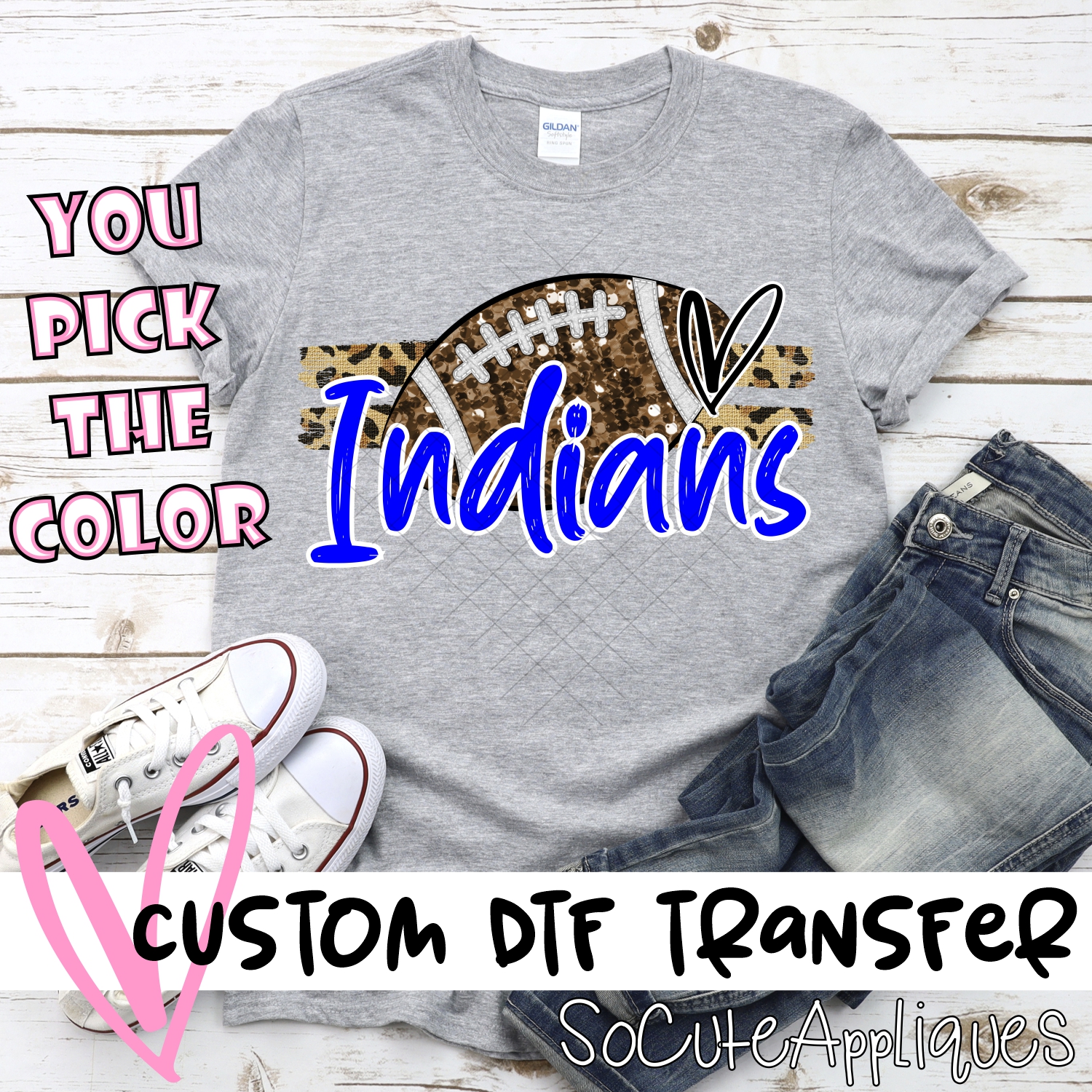 CUSTOM INDIANS (faux) glitter Football on leopard stripes *DTF* Transfer