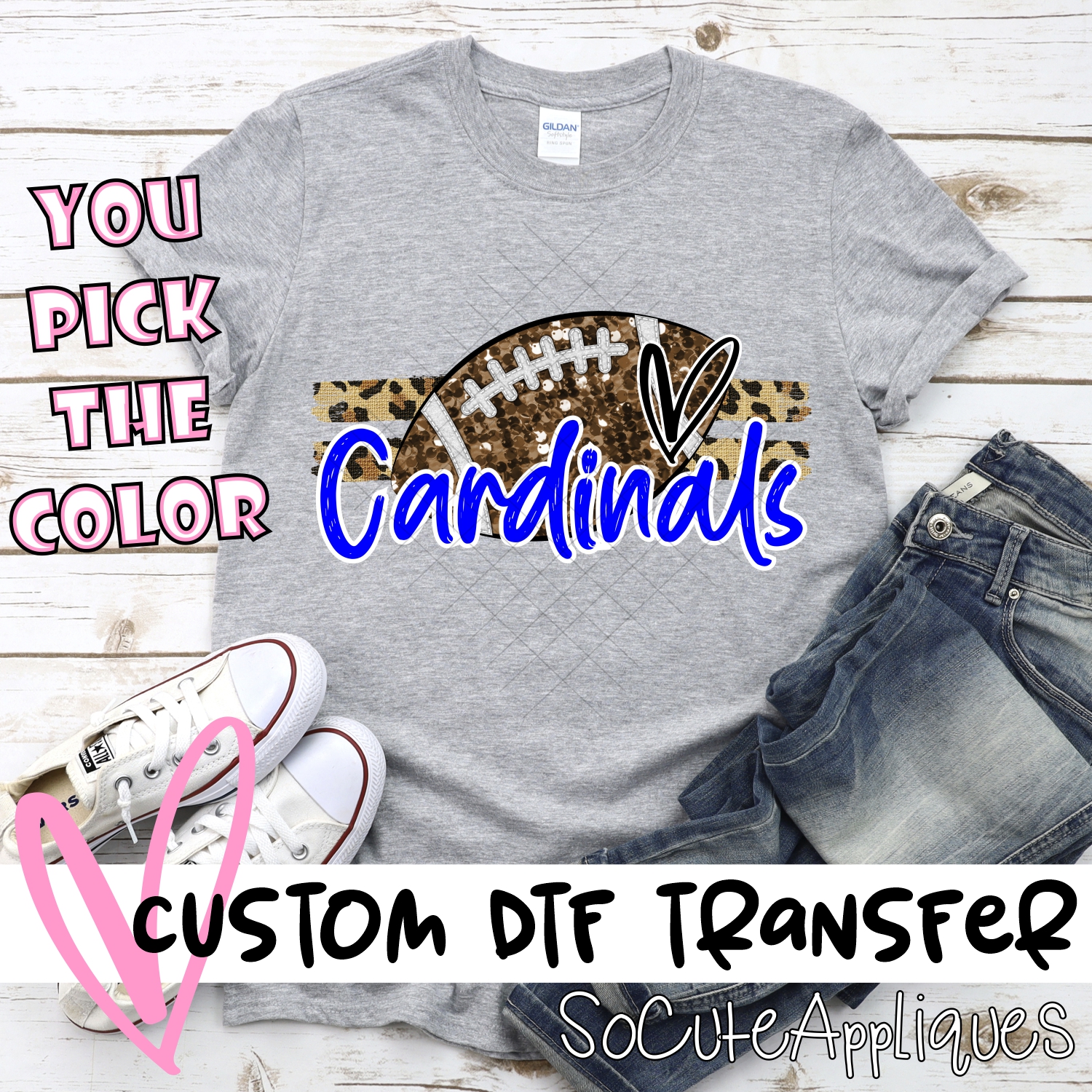 CUSTOM CARDINALS (faux) glitter Football on leopard stripes *DTF* Transfer