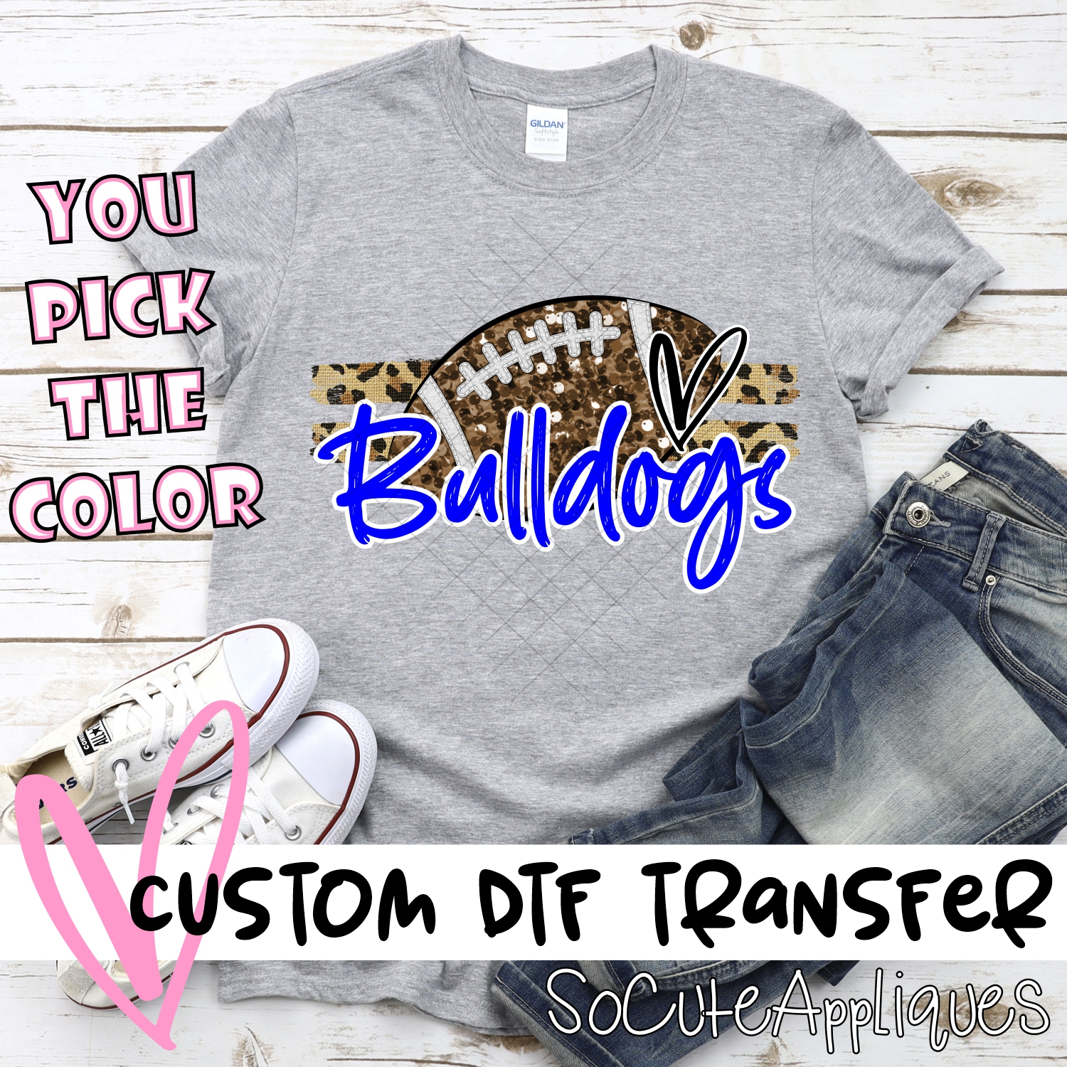 CUSTOM BULLDOGS (faux) glitter Football on leopard stripes *DTF* Transfer