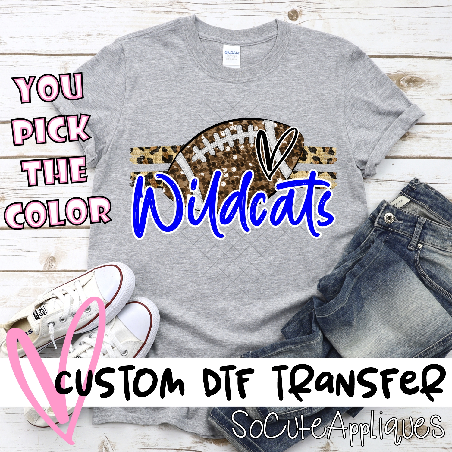 CUSTOM WILDCATS (faux) glitter Football on leopard stripes *DTF* Transfer
